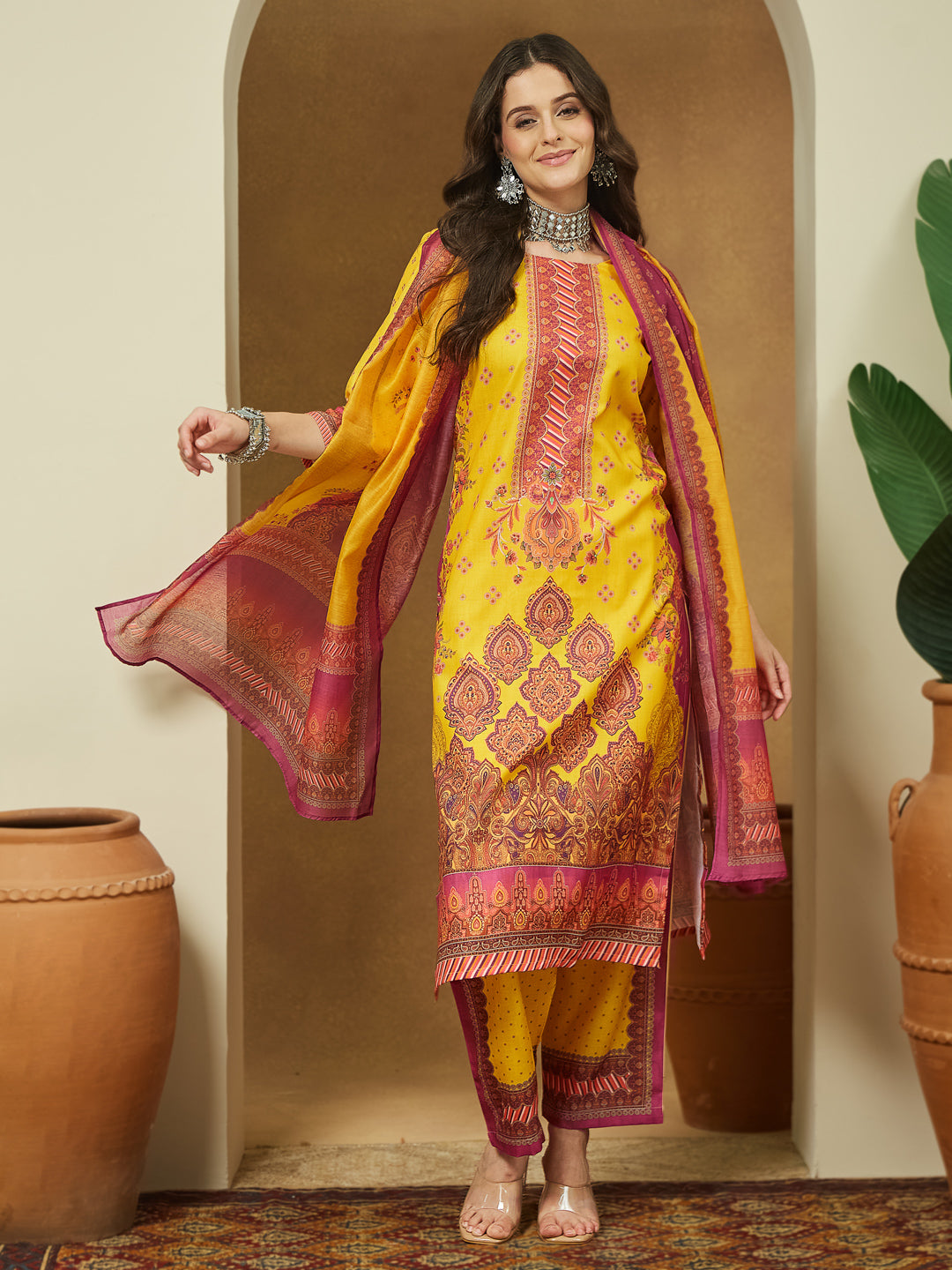Ninnique Women's Yellow Cotton Blend Floral Printed Straight Kurta Set