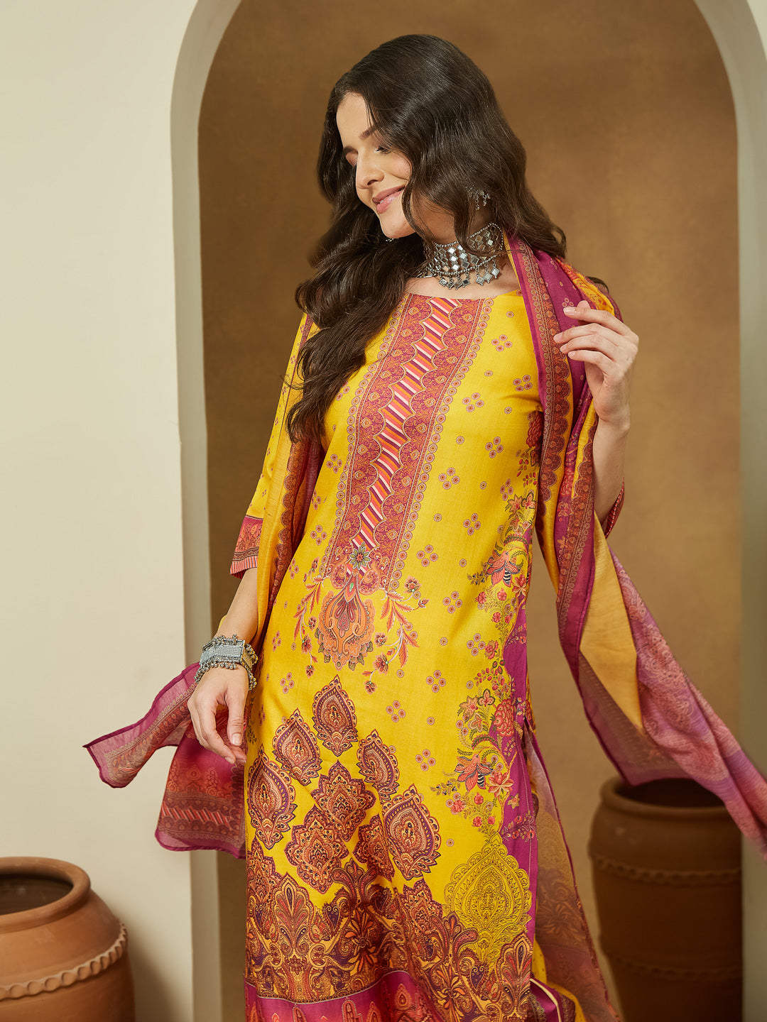 Ninnique Women's Yellow Cotton Blend Floral Printed Straight Kurta Set