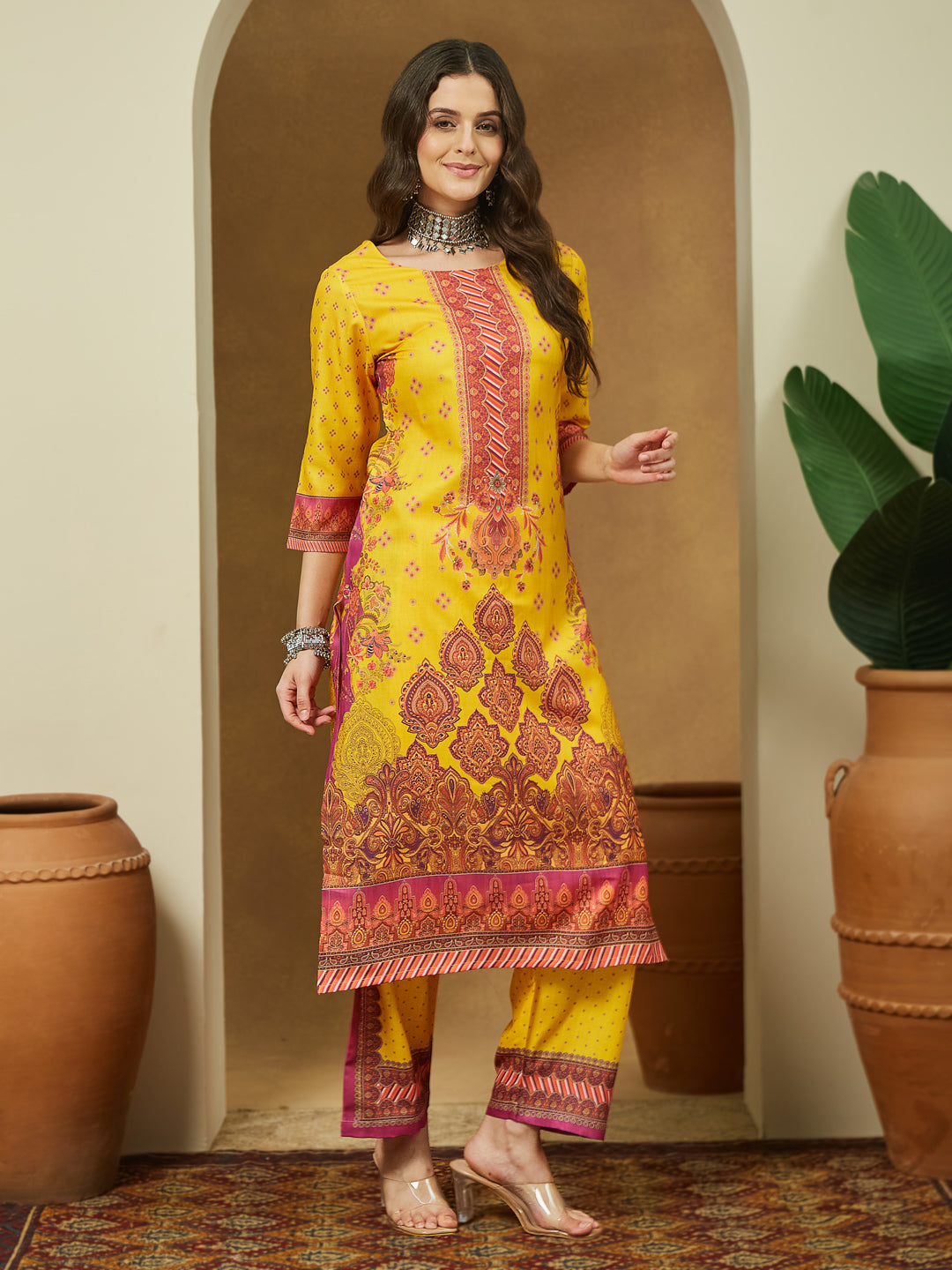 Ninnique Women's Yellow Cotton Blend Floral Printed Straight Kurta Set