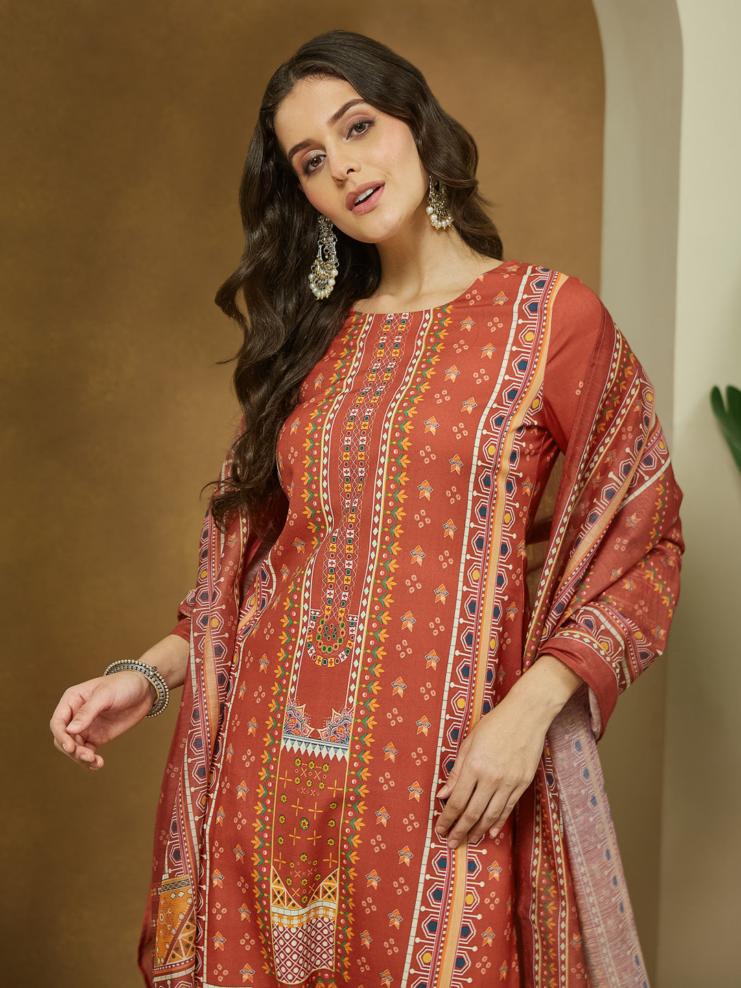 Ninnique Women's Rust Cotton Blend Ethnic Motifs Printed Straight Kurta Set