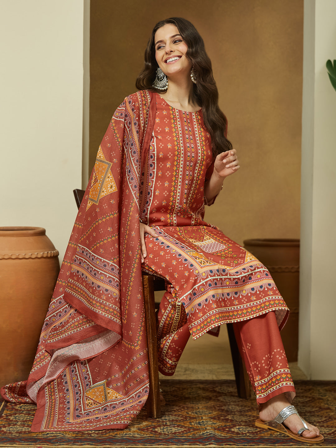 Ninnique Women's Rust Cotton Blend Ethnic Motifs Printed Straight Kurta Set