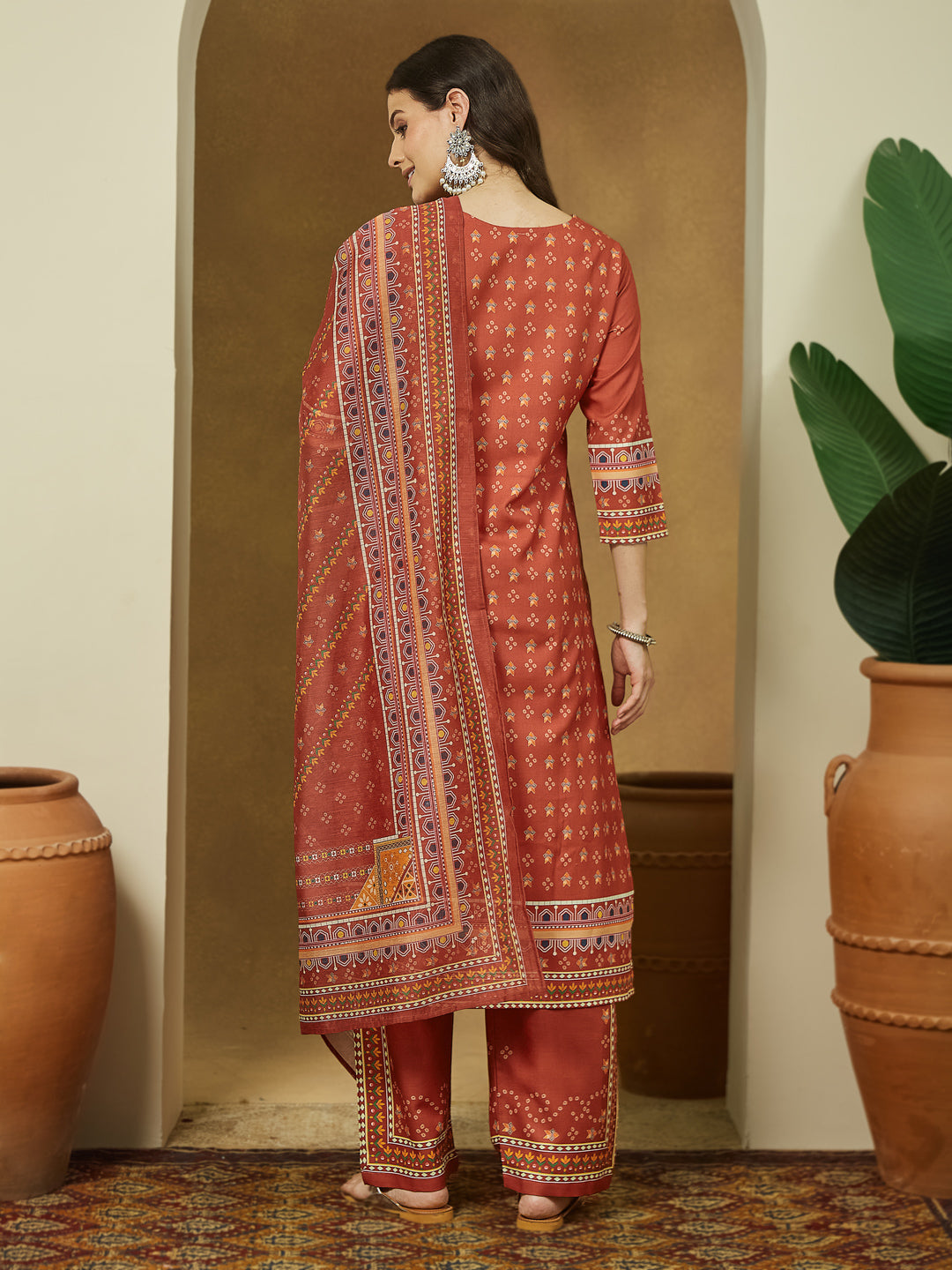 Ninnique Women's Rust Cotton Blend Ethnic Motifs Printed Straight Kurta Set