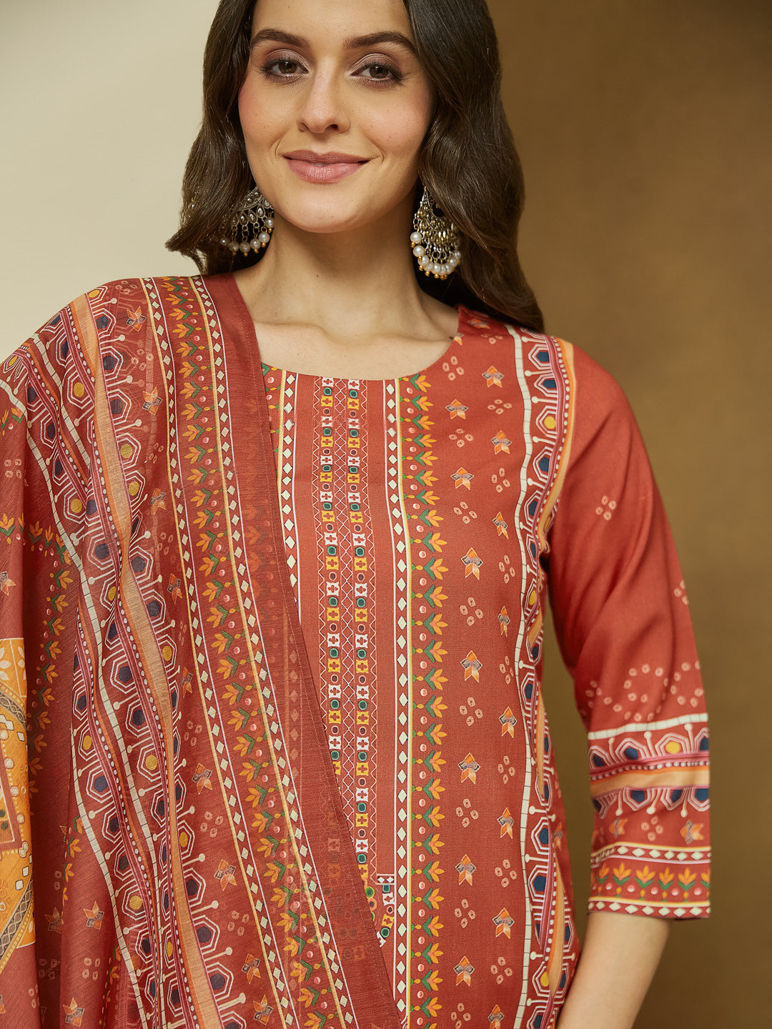 Ninnique Women's Rust Cotton Blend Ethnic Motifs Printed Straight Kurta Set
