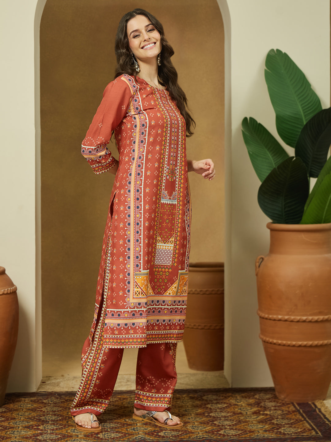 Ninnique Women's Rust Cotton Blend Ethnic Motifs Printed Straight Kurta Set
