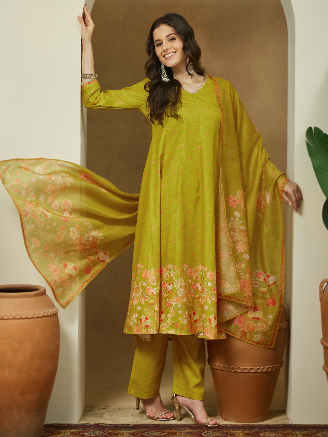 Ninnique Women's Mustard Cotton Blend Floral Printed Anarkali Kurta Set