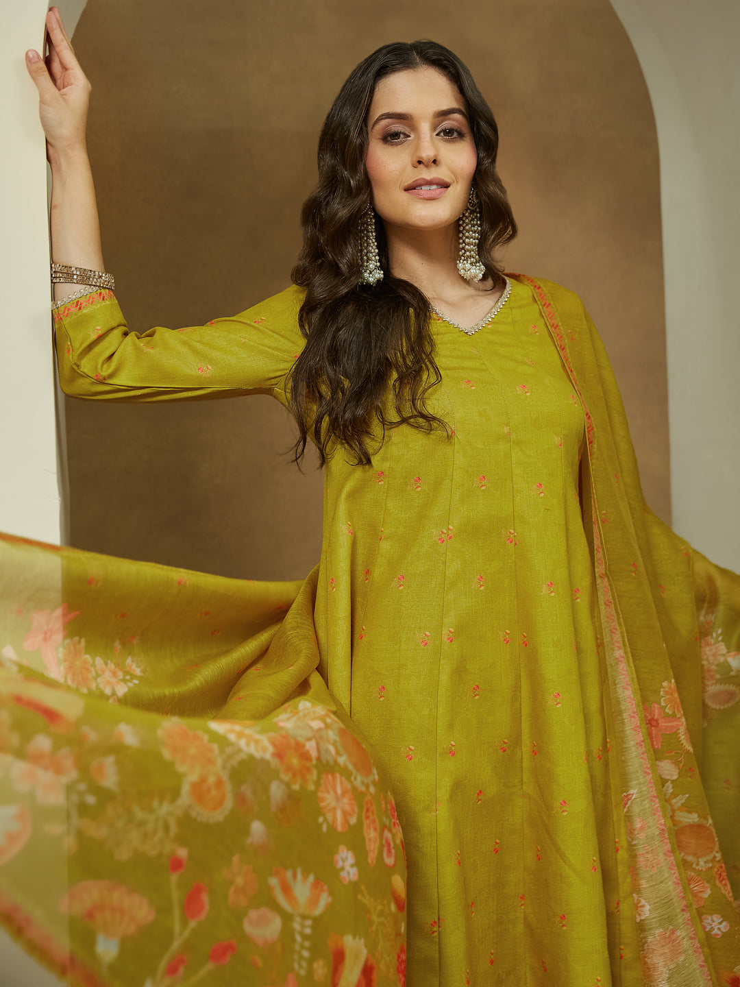 Ninnique Women's Mustard Cotton Blend Floral Printed Anarkali Kurta Set