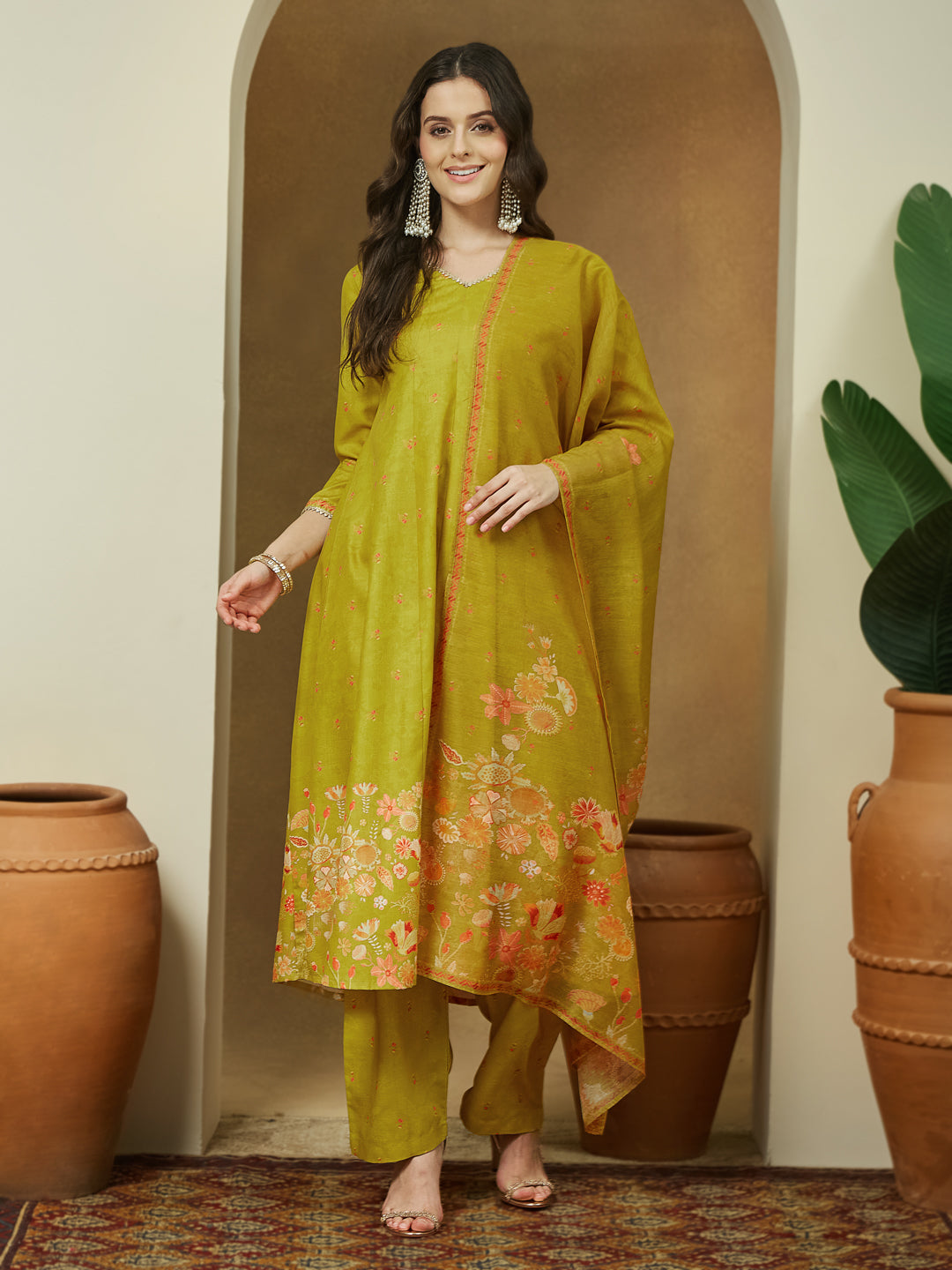 Ninnique Women's Mustard Cotton Blend Floral Printed Anarkali Kurta Set