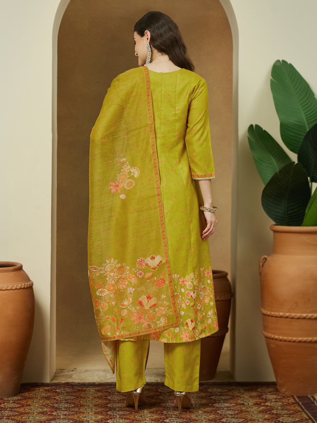Ninnique Women's Mustard Cotton Blend Floral Printed Anarkali Kurta Set