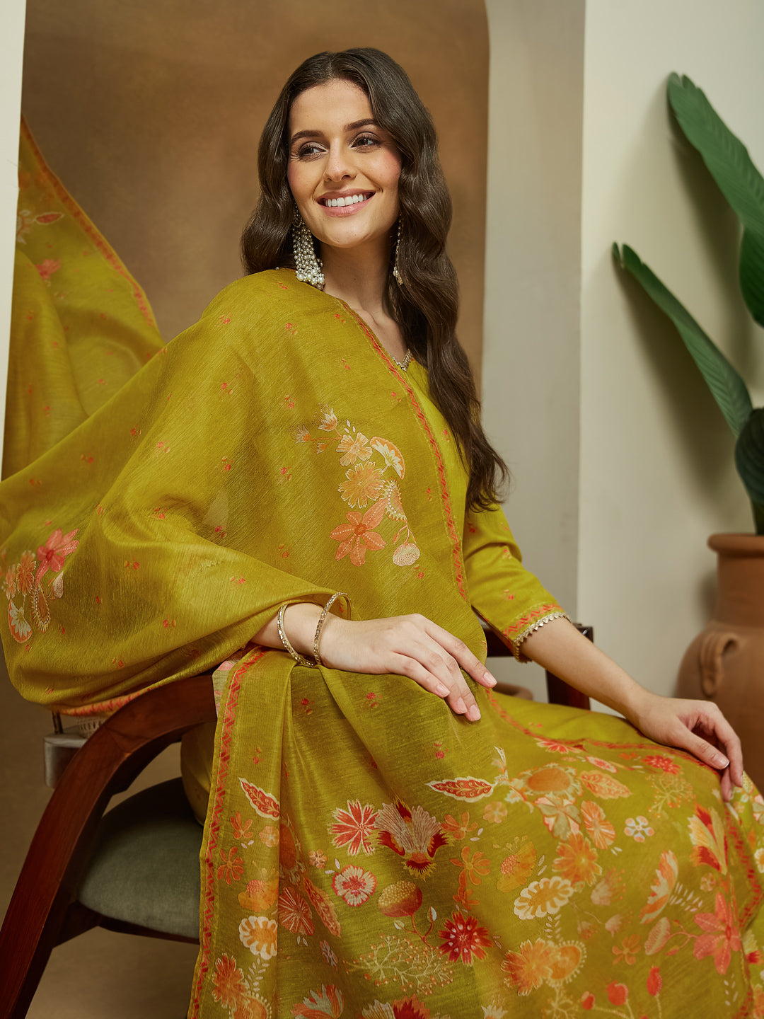 Ninnique Women's Mustard Cotton Blend Floral Printed Anarkali Kurta Set