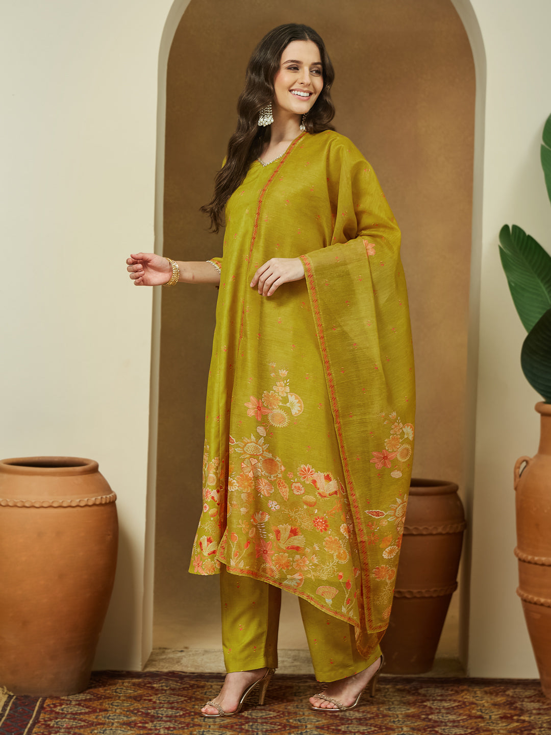 Ninnique Women's Mustard Cotton Blend Floral Printed Anarkali Kurta Set
