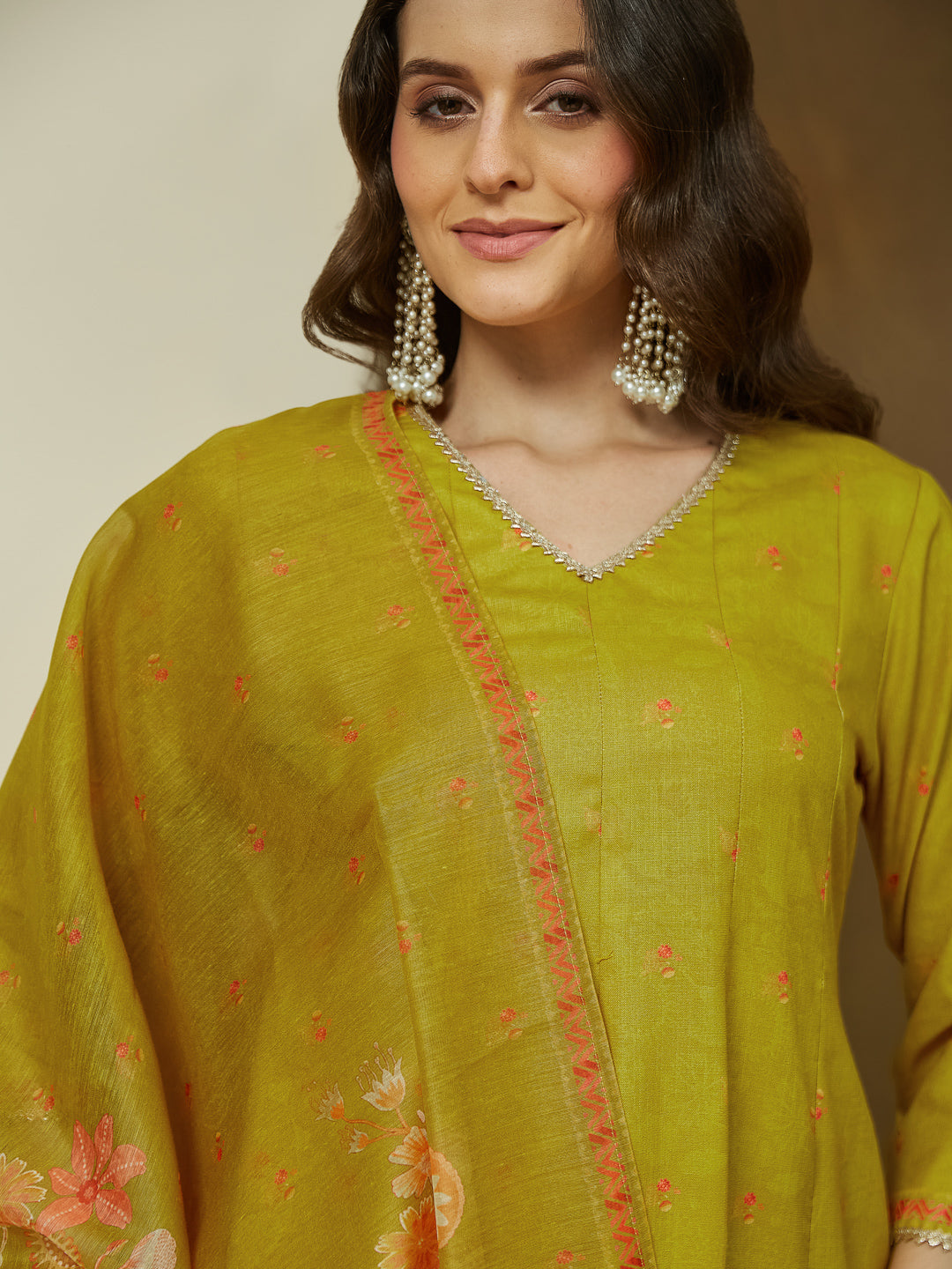 Ninnique Women's Mustard Cotton Blend Floral Printed Anarkali Kurta Set