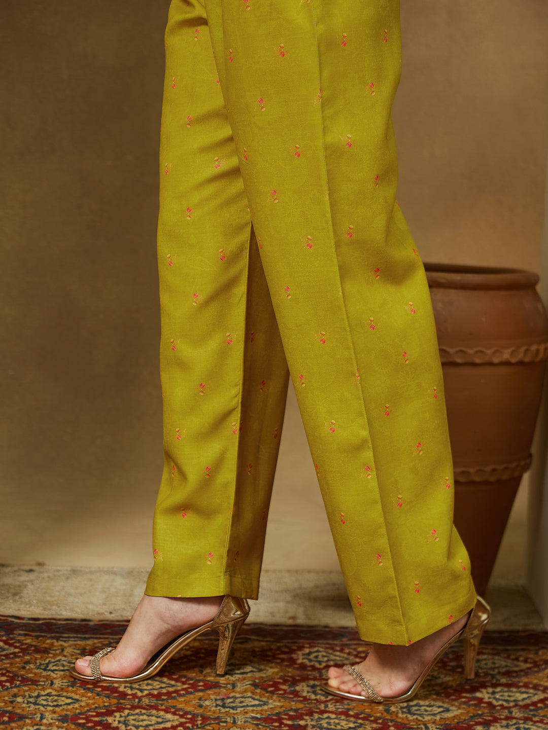 Ninnique Women's Mustard Cotton Blend Floral Printed Anarkali Kurta Set