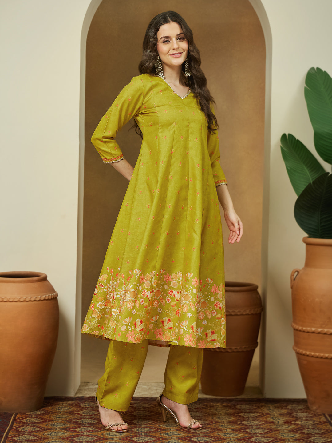 Ninnique Women's Mustard Cotton Blend Floral Printed Anarkali Kurta Set