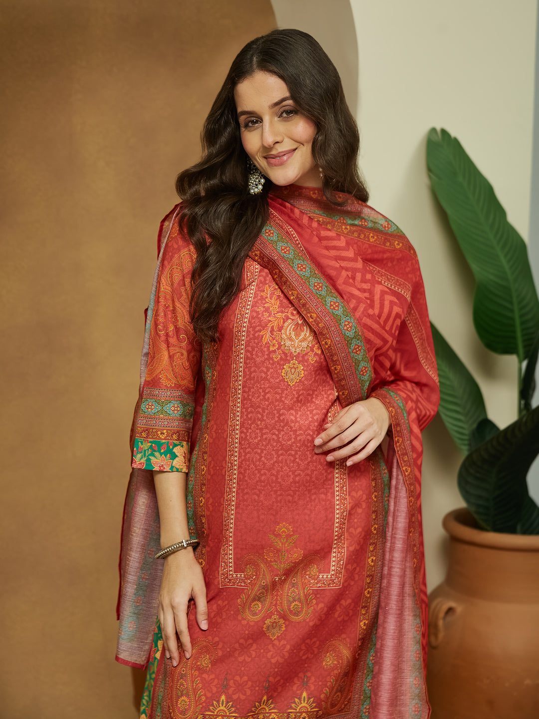 Ninnique Women's Rust Cotton Blend Ethnic Motifs Printed Straight Kurta Set