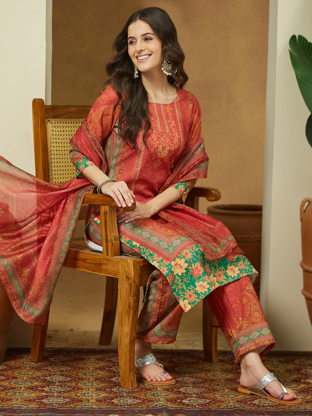 Ninnique Women's Rust Cotton Blend Ethnic Motifs Printed Straight Kurta Set