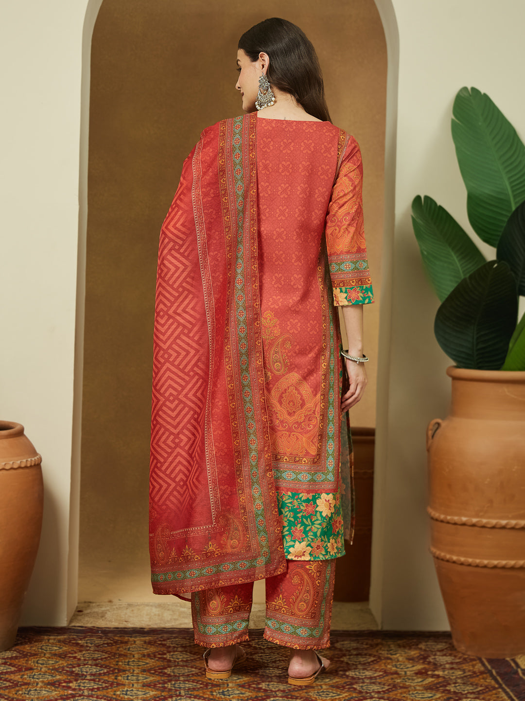 Ninnique Women's Rust Cotton Blend Ethnic Motifs Printed Straight Kurta Set