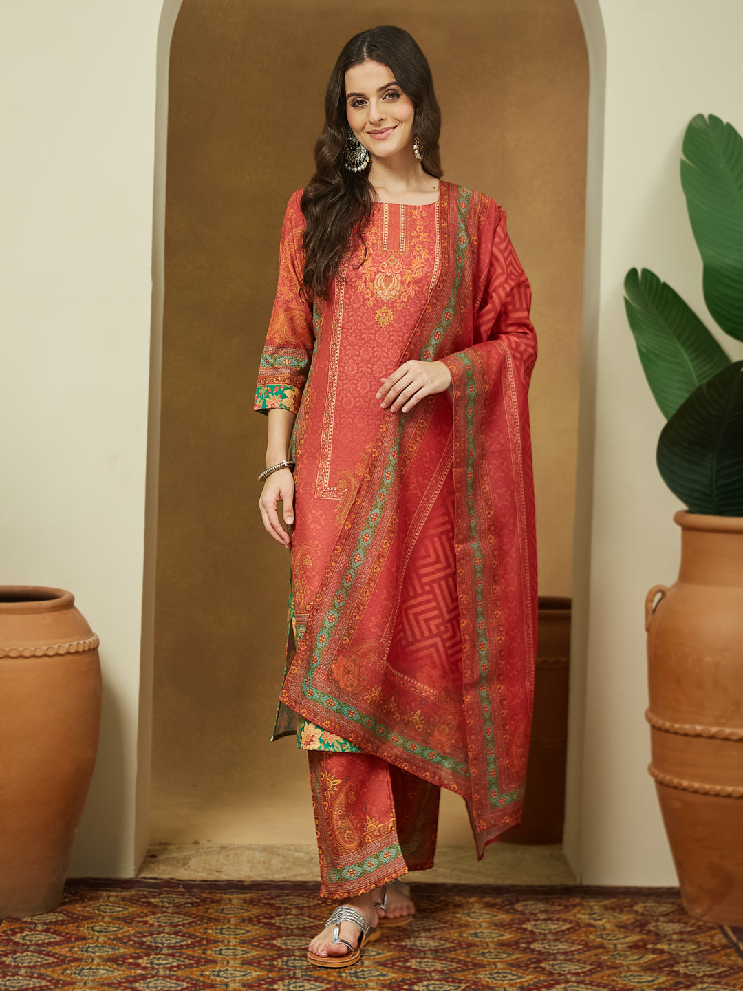 Ninnique Women's Rust Cotton Blend Ethnic Motifs Printed Straight Kurta Set