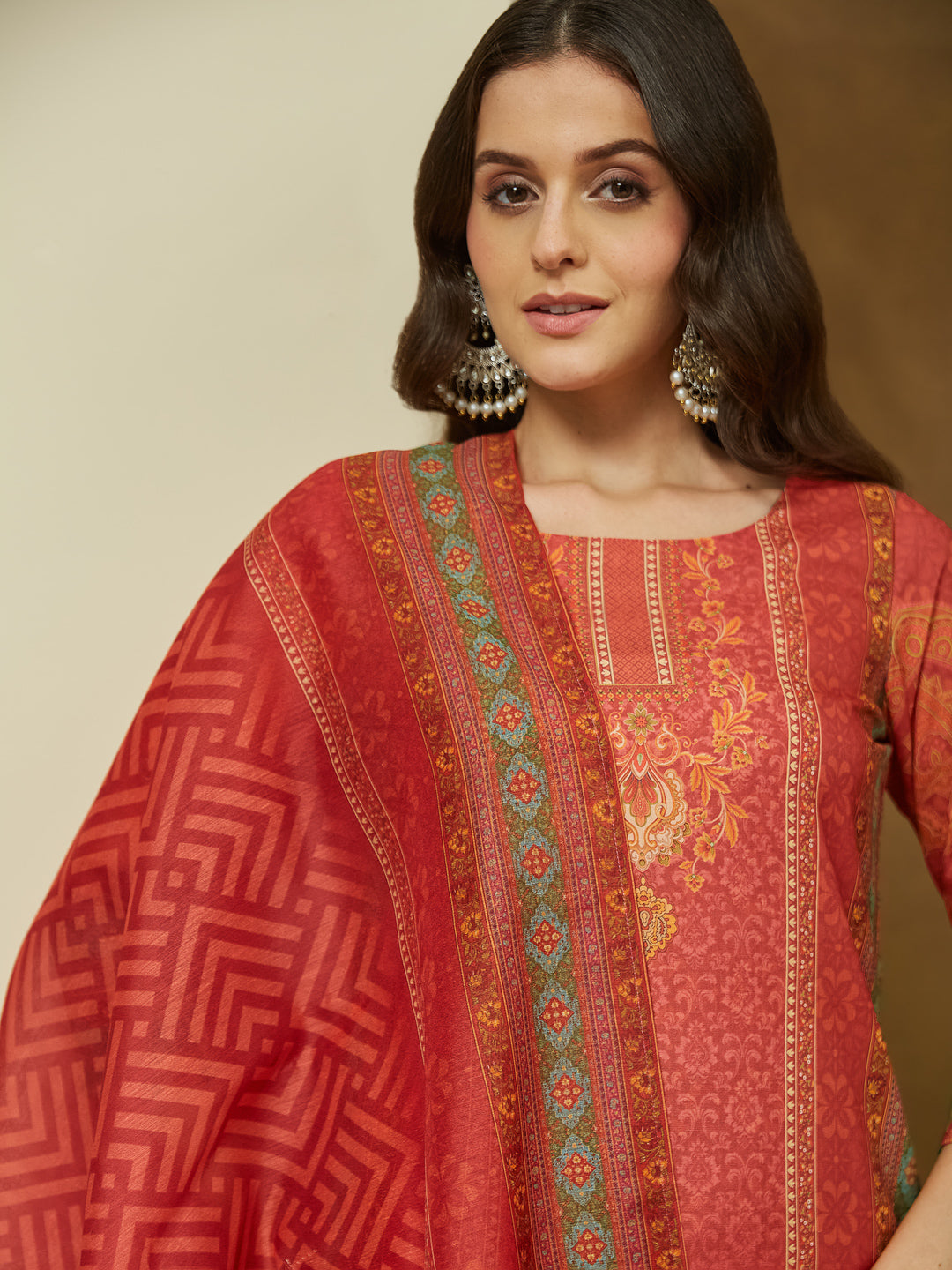 Ninnique Women's Rust Cotton Blend Ethnic Motifs Printed Straight Kurta Set