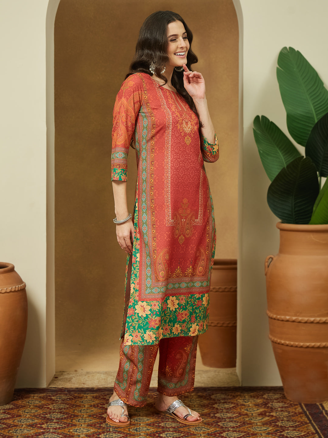 Ninnique Women's Rust Cotton Blend Ethnic Motifs Printed Straight Kurta Set
