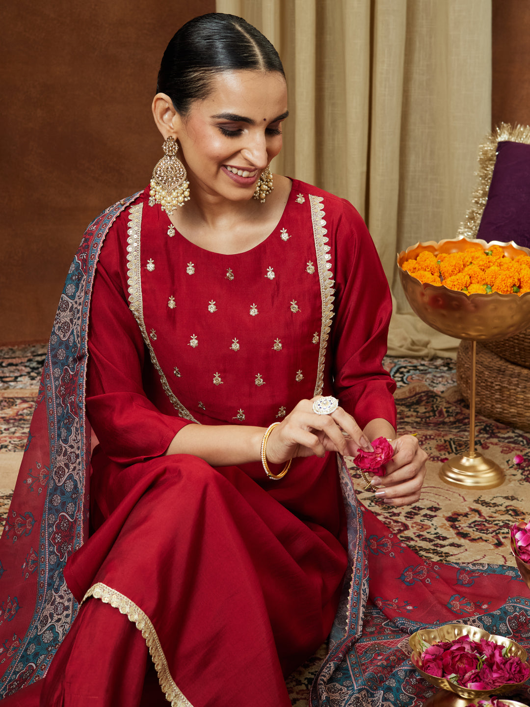 Ninnique Women's Maroon Chanderi Silk Yoke Embroidered Straight Kurta Set