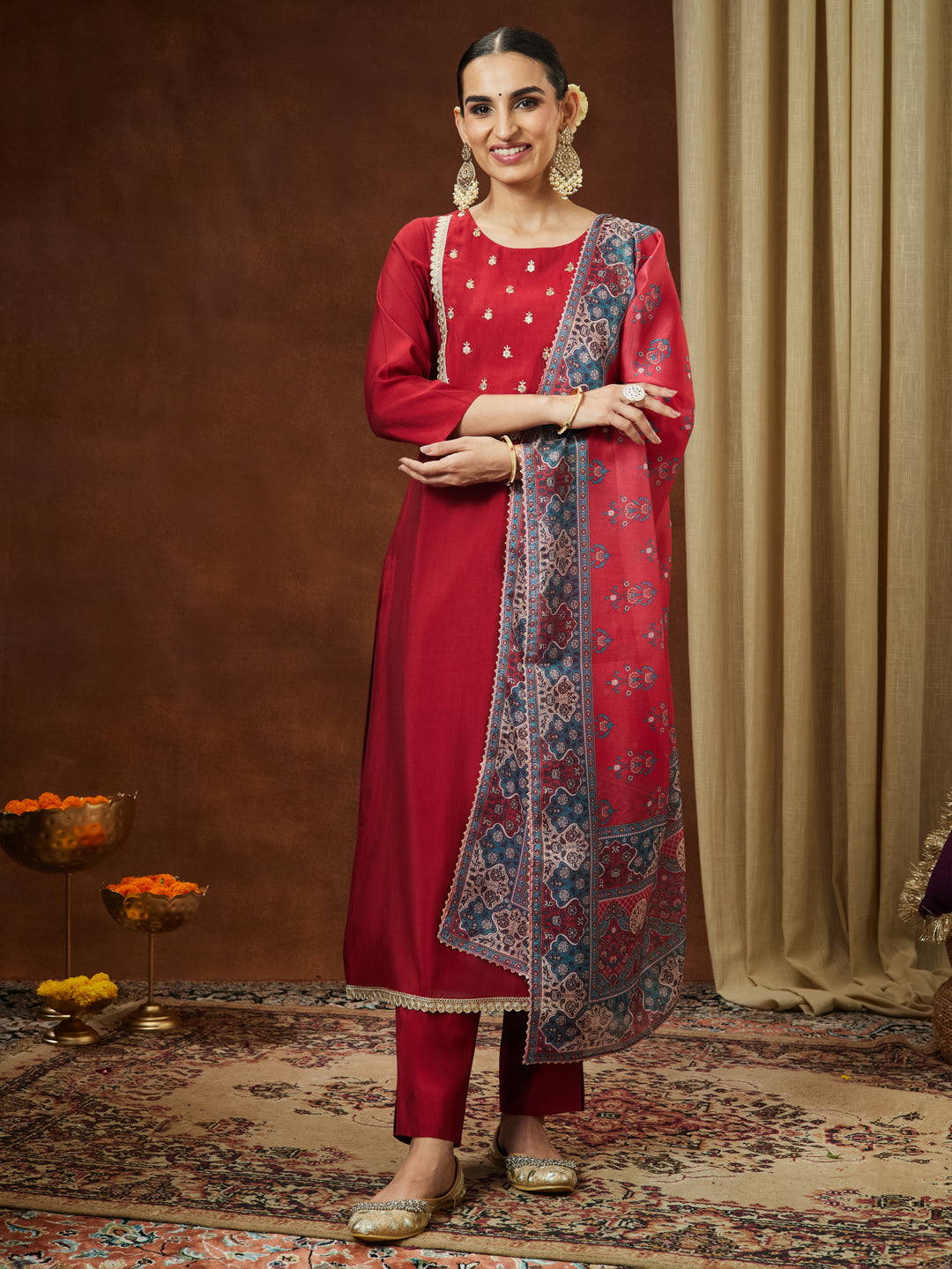 Ninnique Women's Maroon Chanderi Silk Yoke Embroidered Straight Kurta Set