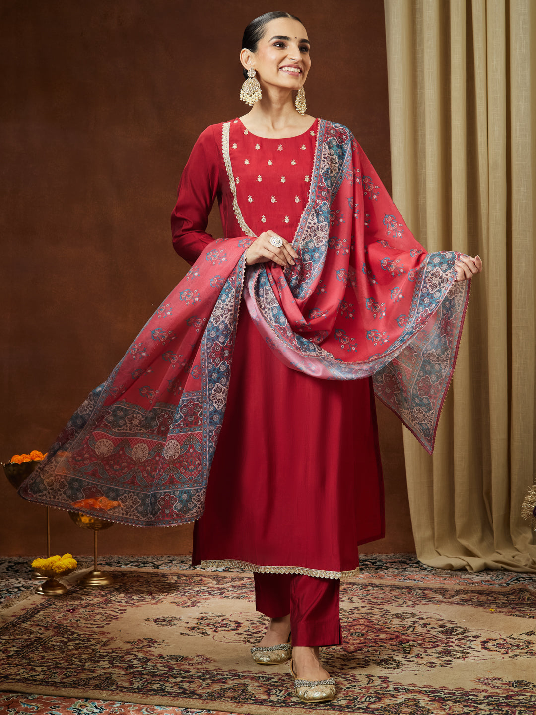 Ninnique Women's Maroon Chanderi Silk Yoke Embroidered Straight Kurta Set