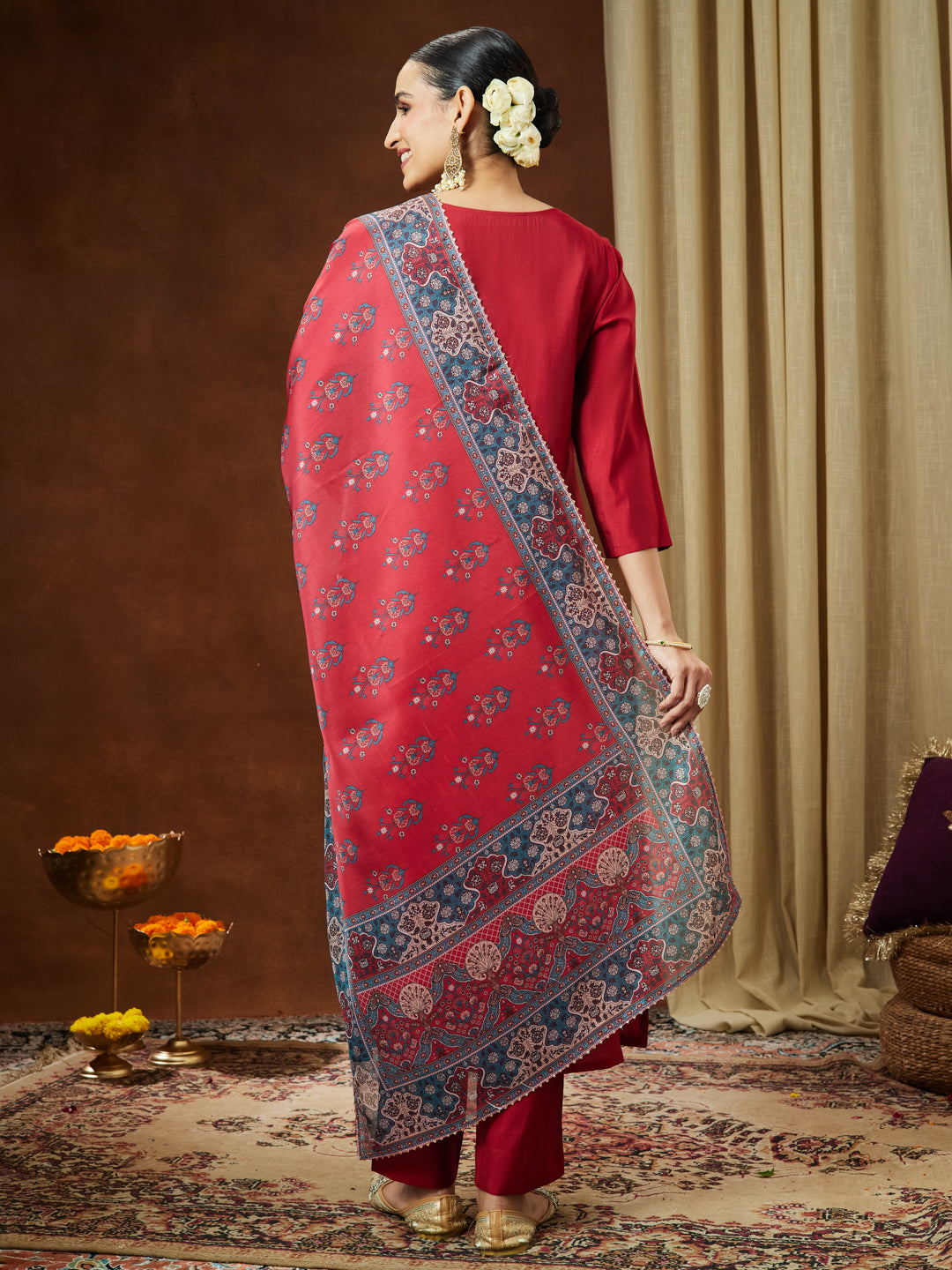 Ninnique Women's Maroon Chanderi Silk Yoke Embroidered Straight Kurta Set