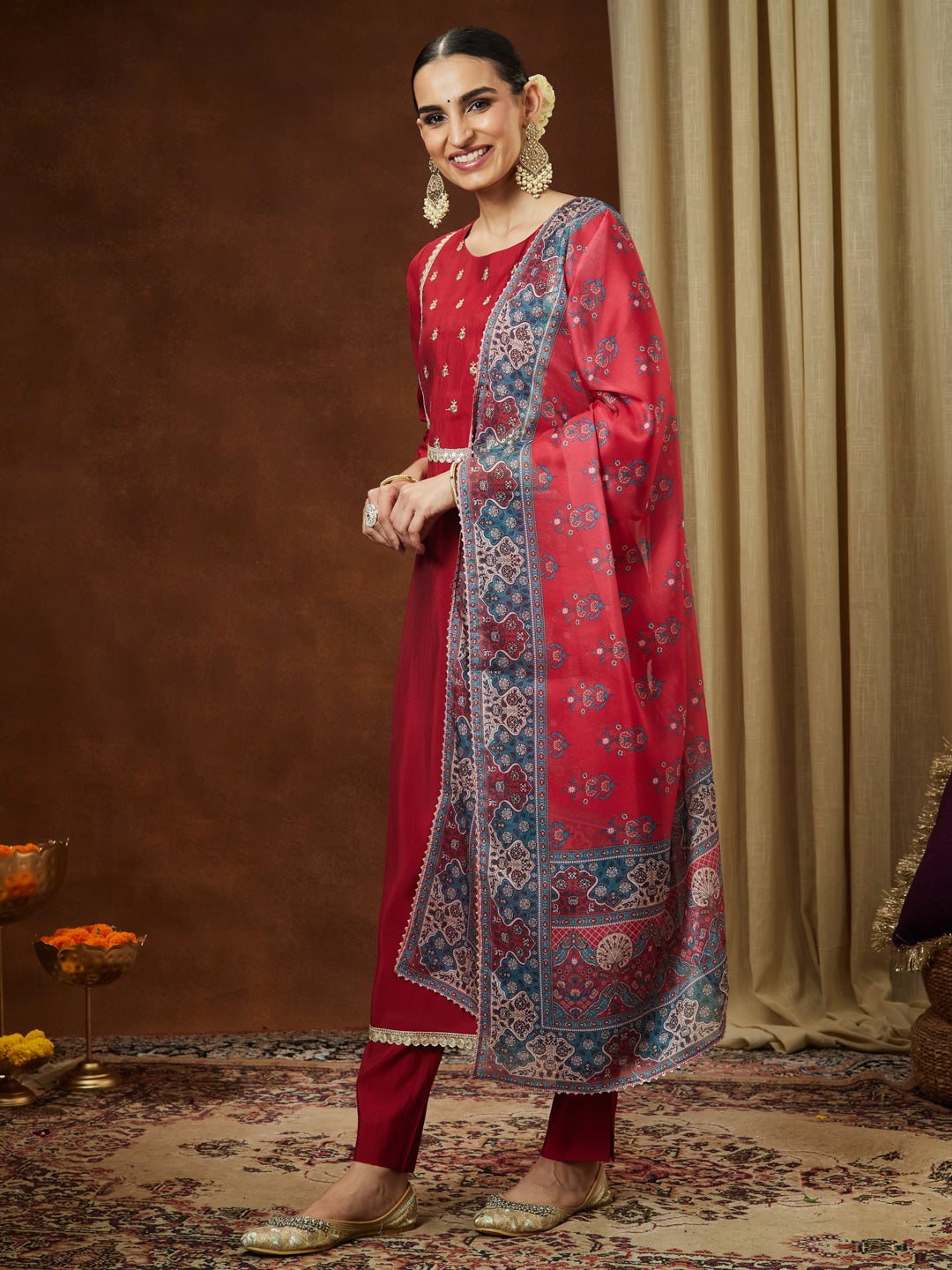 Ninnique Women's Maroon Chanderi Silk Yoke Embroidered Straight Kurta Set