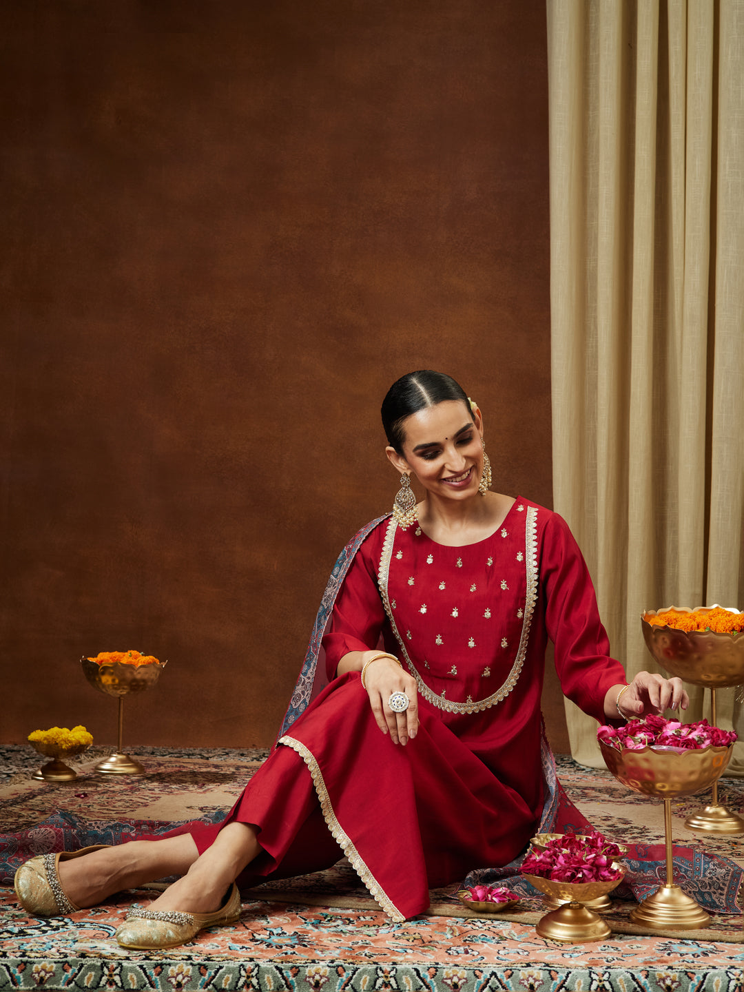 Ninnique Women's Maroon Chanderi Silk Yoke Embroidered Straight Kurta Set