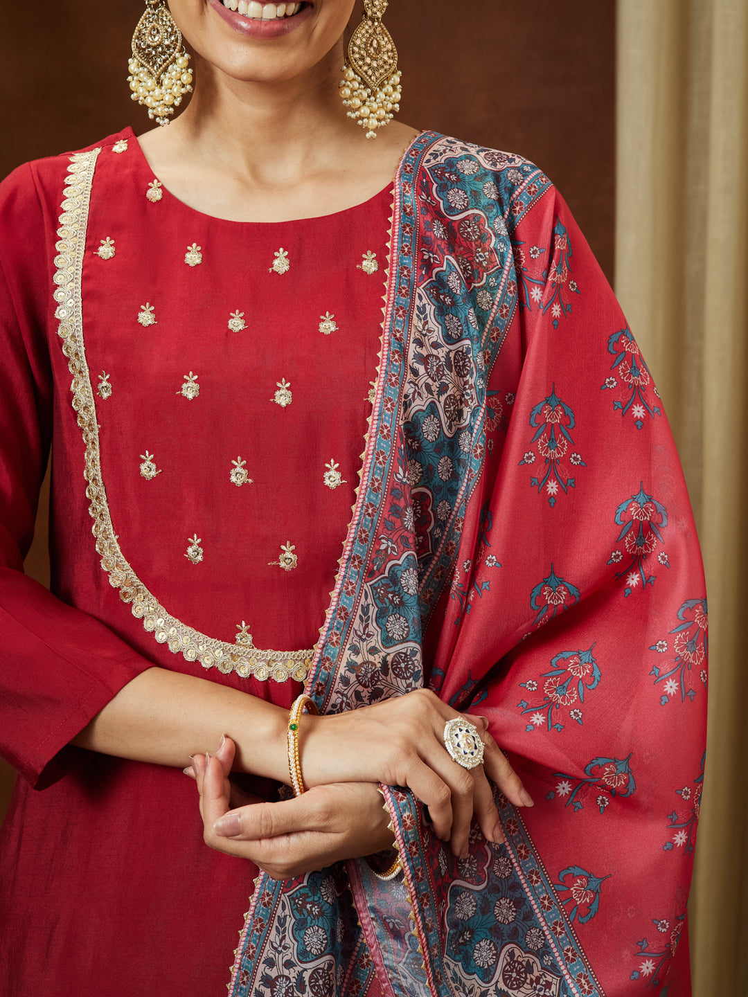 Ninnique Women's Maroon Chanderi Silk Yoke Embroidered Straight Kurta Set