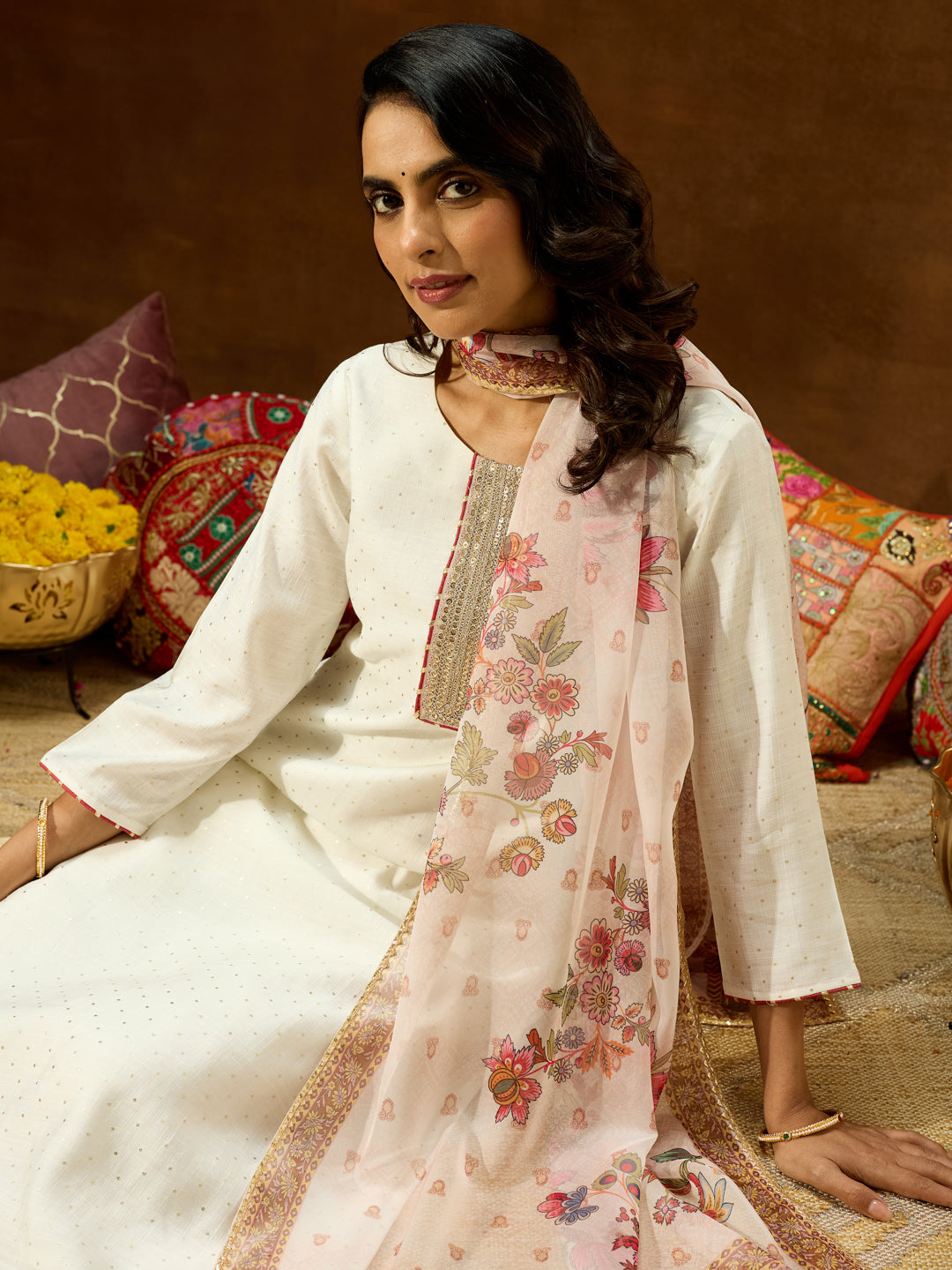 Ninnique Women's Off White Silk Blend Embellished Straight Kurta Set