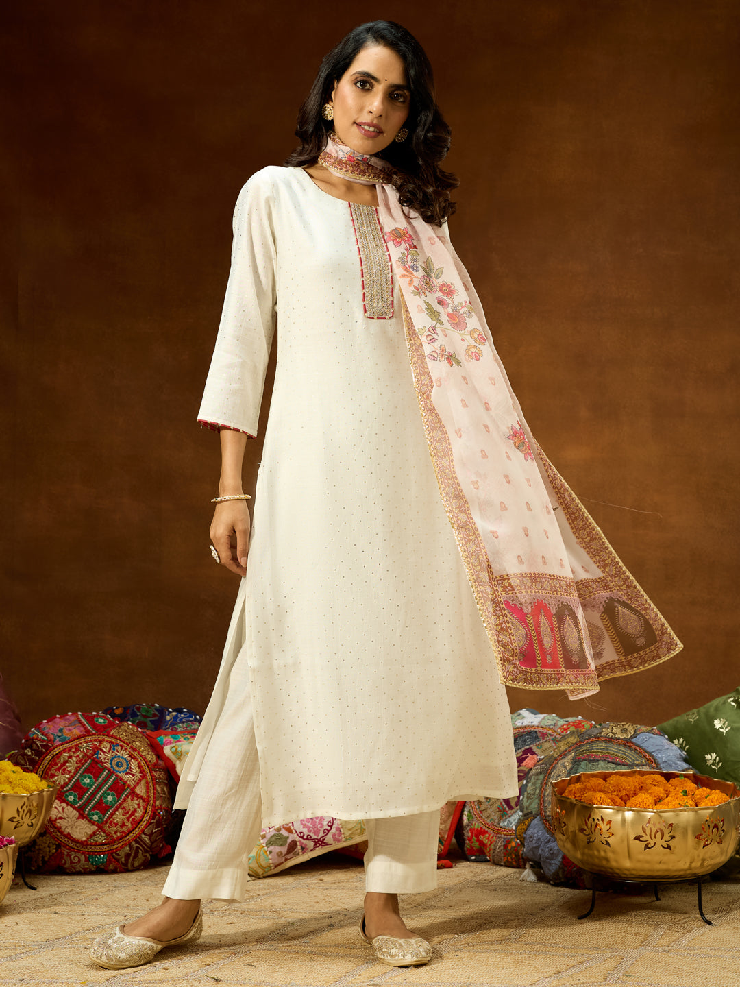 Ninnique Women's Off White Silk Blend Embellished Straight Kurta Set
