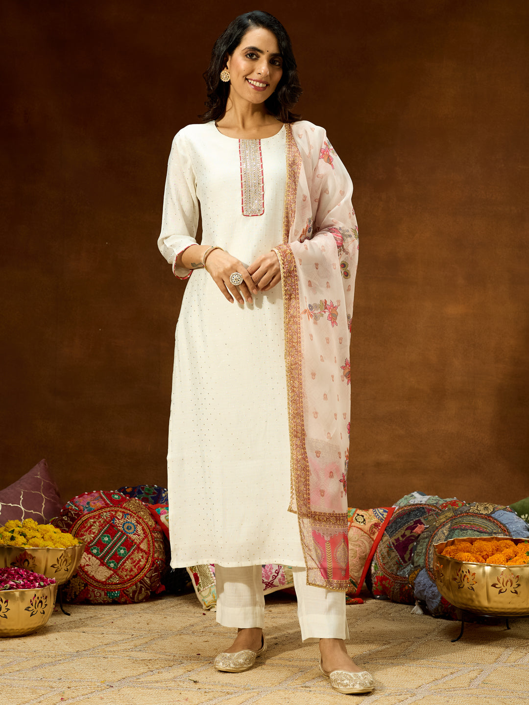 Ninnique Women's Off White Silk Blend Embellished Straight Kurta Set