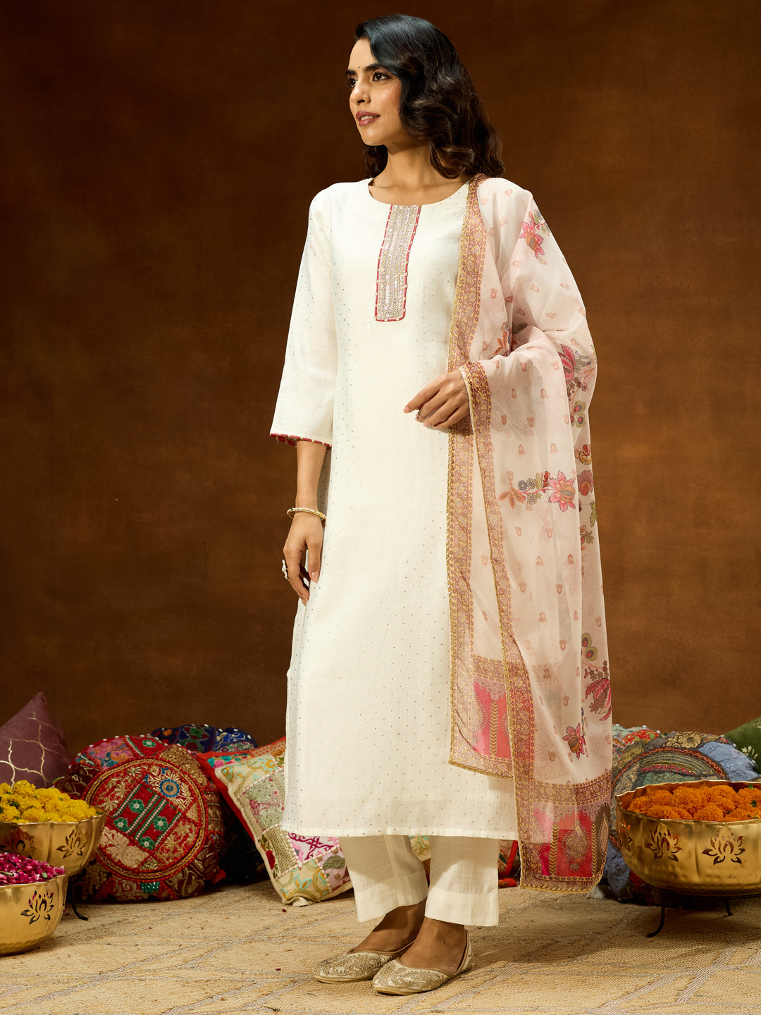 Ninnique Women's Off White Silk Blend Embellished Straight Kurta Set