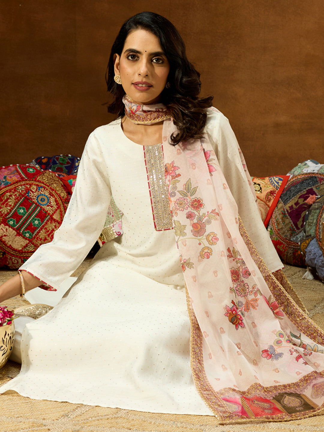 Ninnique Women's Off White Silk Blend Embellished Straight Kurta Set