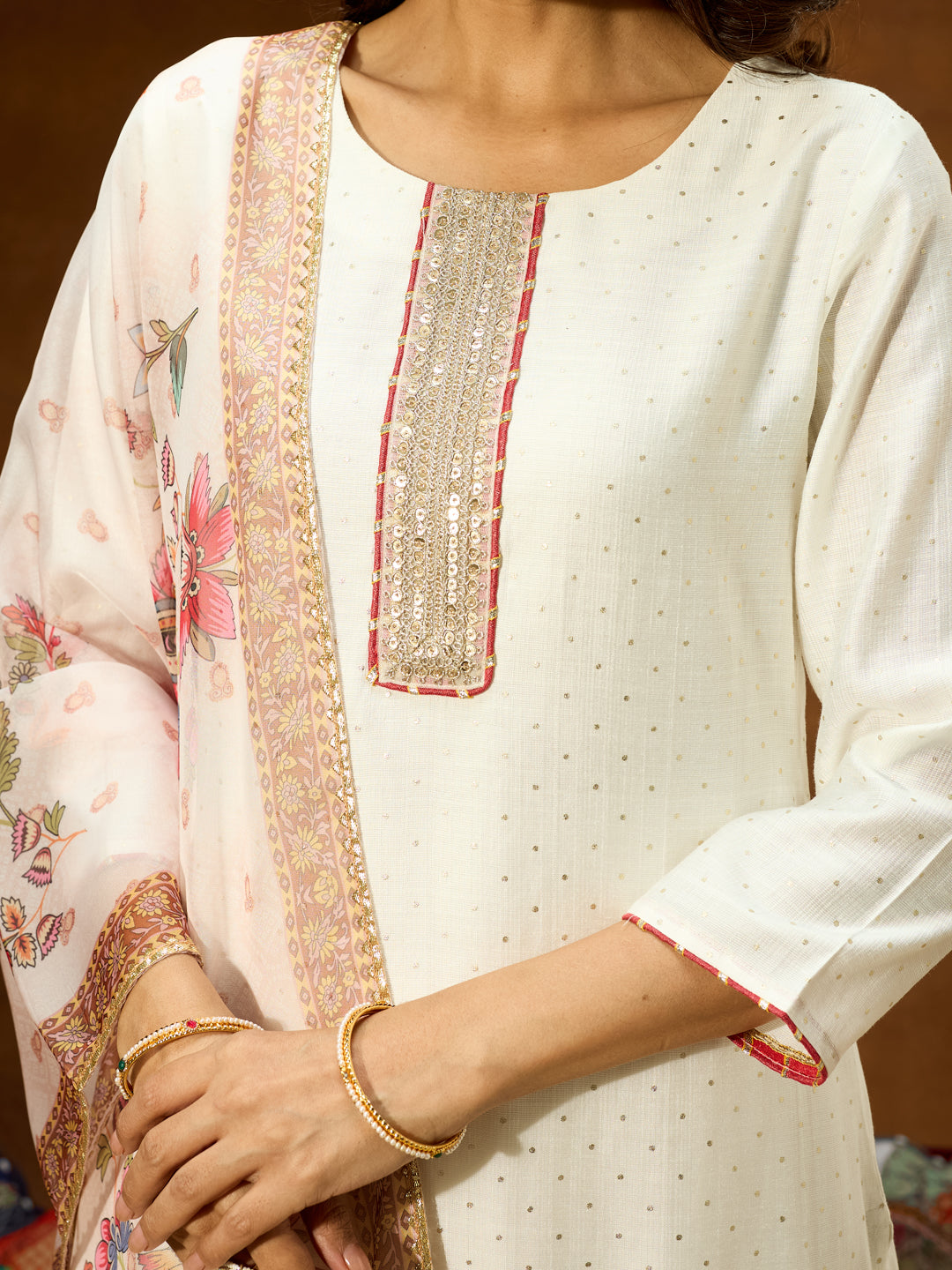 Ninnique Women's Off White Silk Blend Embellished Straight Kurta Set