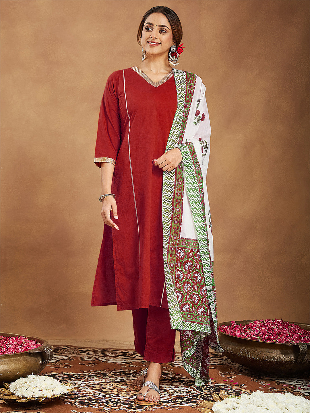 Ninnique Women's Red Pure Cotton Embellished Straight Kurta Set