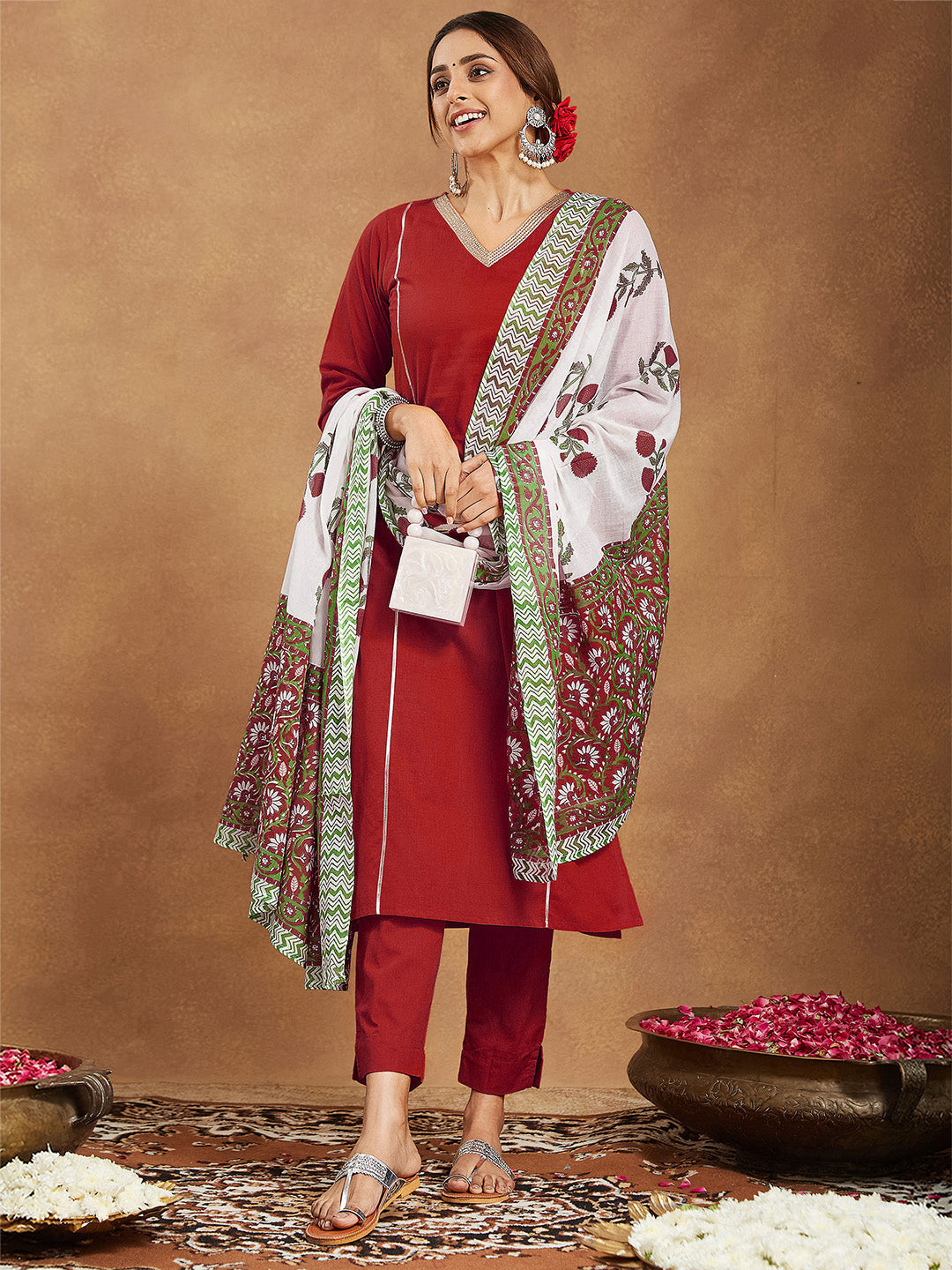 Ninnique Women's Red Pure Cotton Embellished Straight Kurta Set