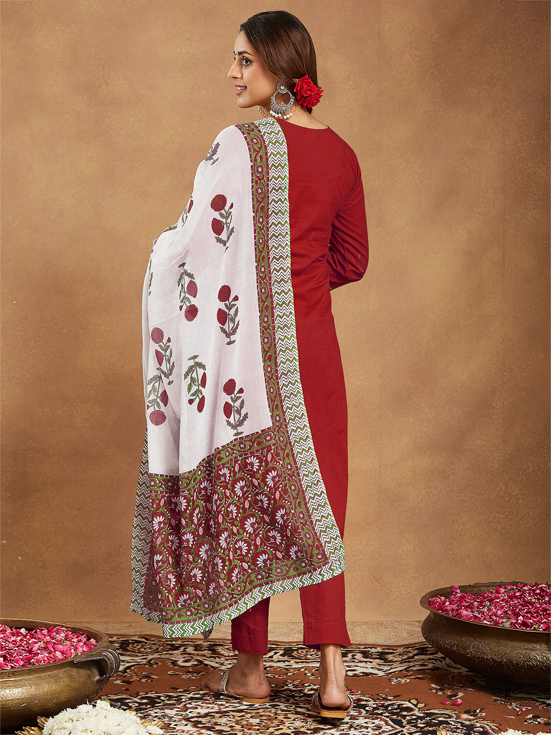 Ninnique Women's Red Pure Cotton Embellished Straight Kurta Set