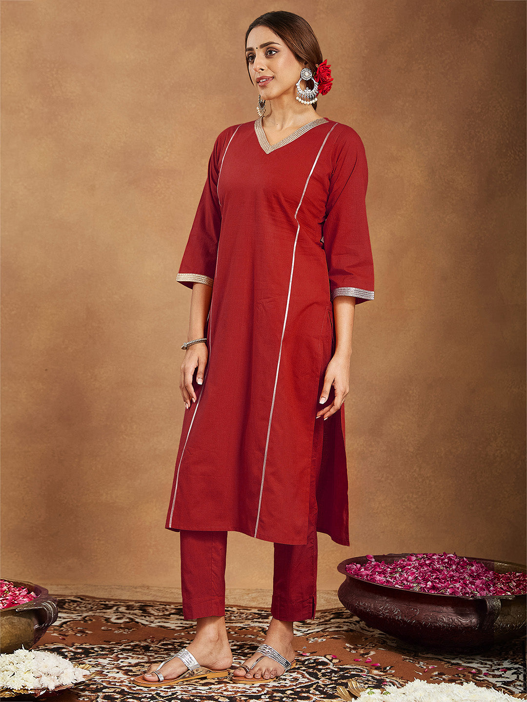 Ninnique Women's Red Pure Cotton Embellished Straight Kurta Set