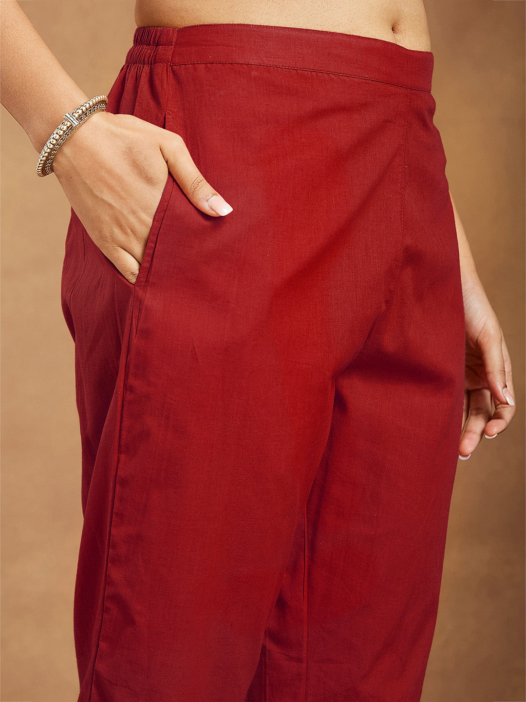 Ninnique Women's Red Pure Cotton Embellished Straight Kurta Set