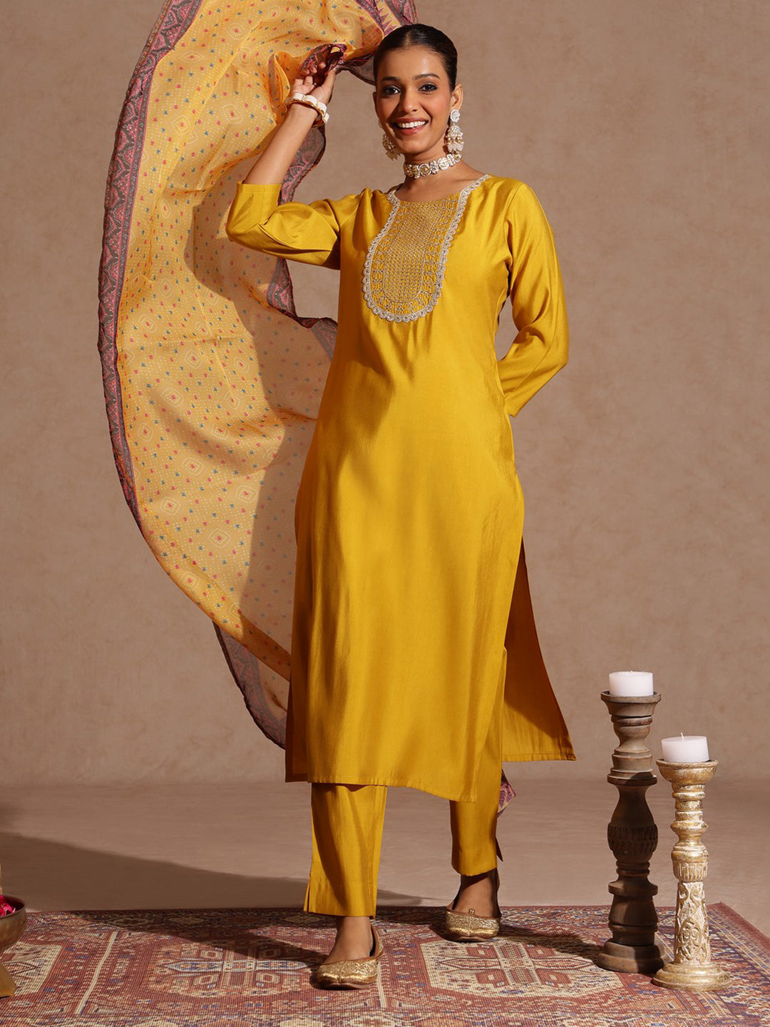 Ninnique Women's Yellow Chanderi Silk Yoke Embroidered Straight Kurta Set