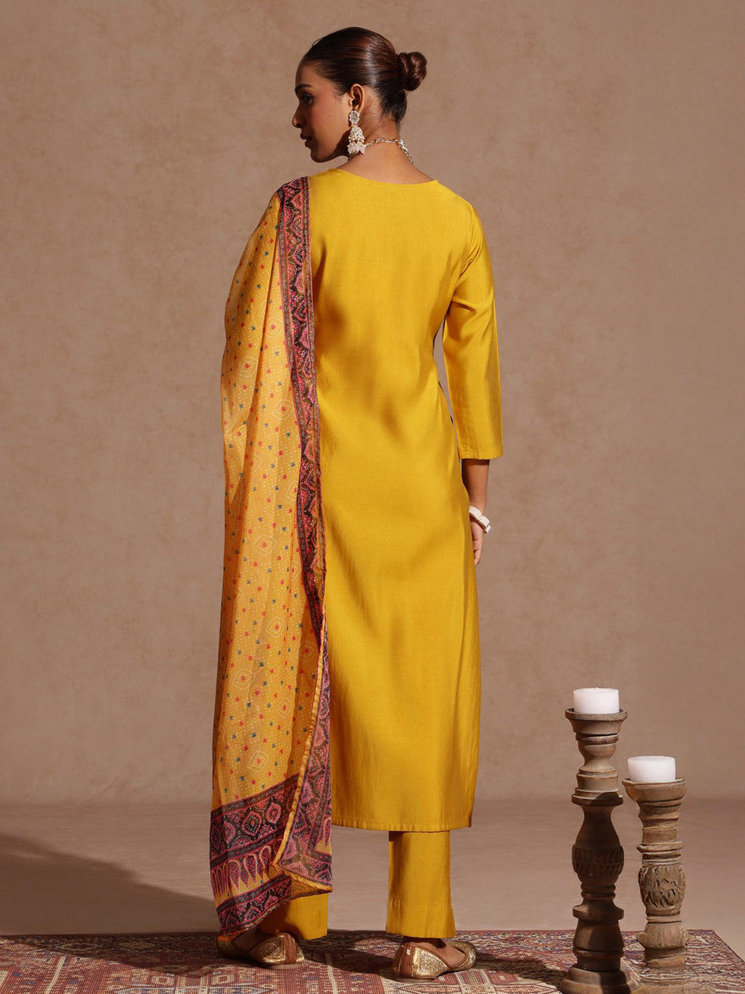 Ninnique Women's Yellow Chanderi Silk Yoke Embroidered Straight Kurta Set