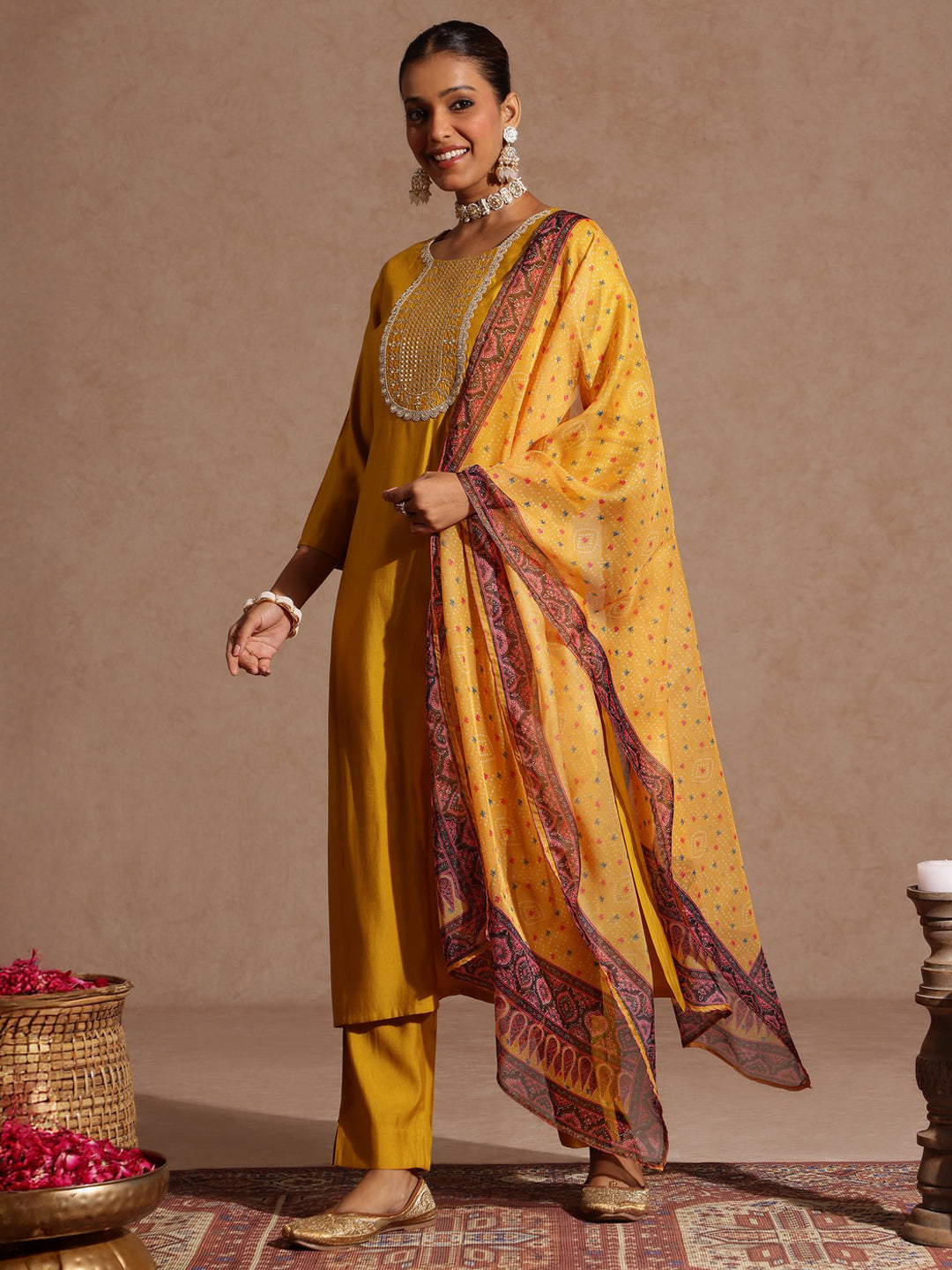 Ninnique Women's Yellow Chanderi Silk Yoke Embroidered Straight Kurta Set