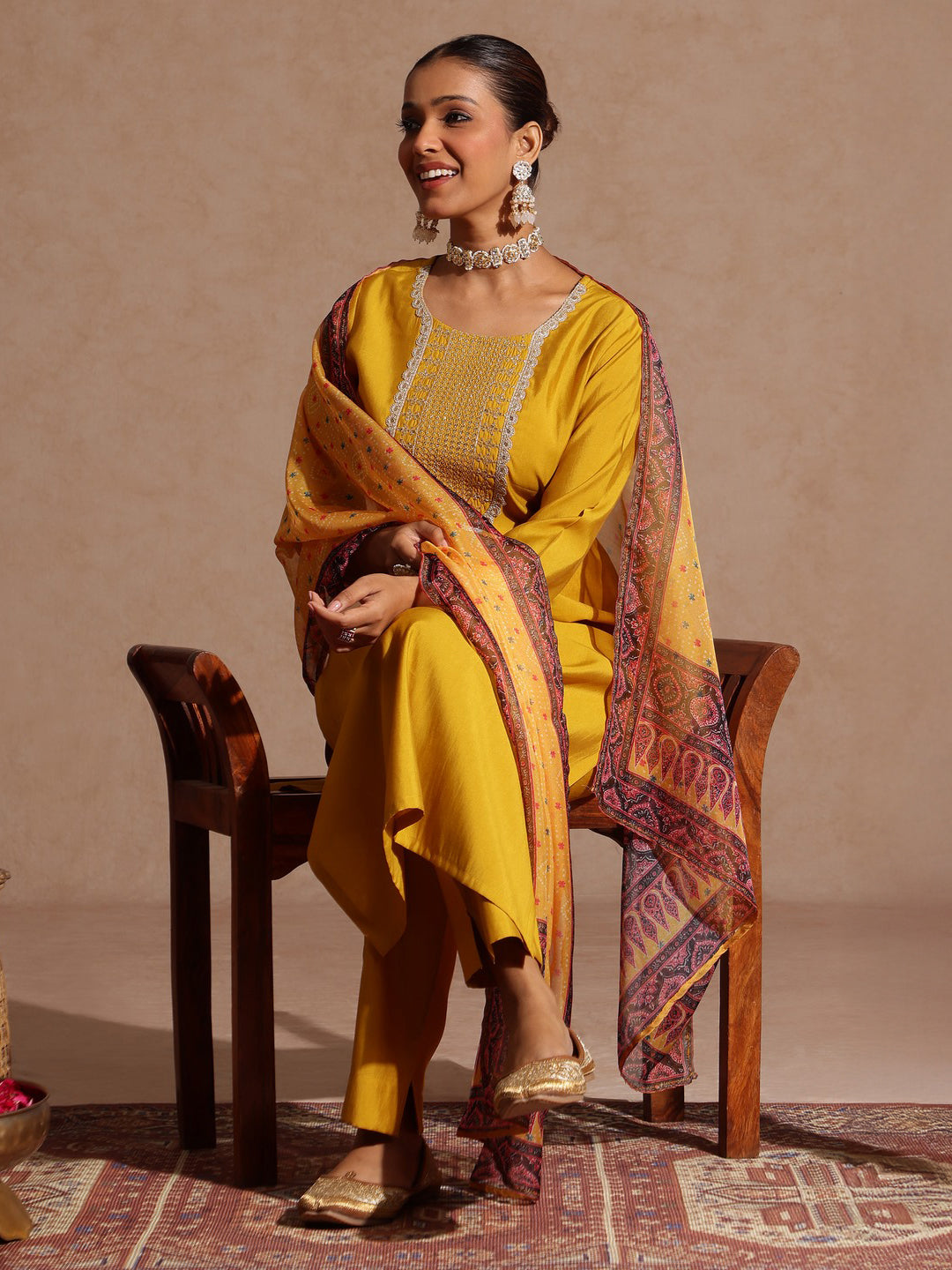 Ninnique Women's Yellow Chanderi Silk Yoke Embroidered Straight Kurta Set