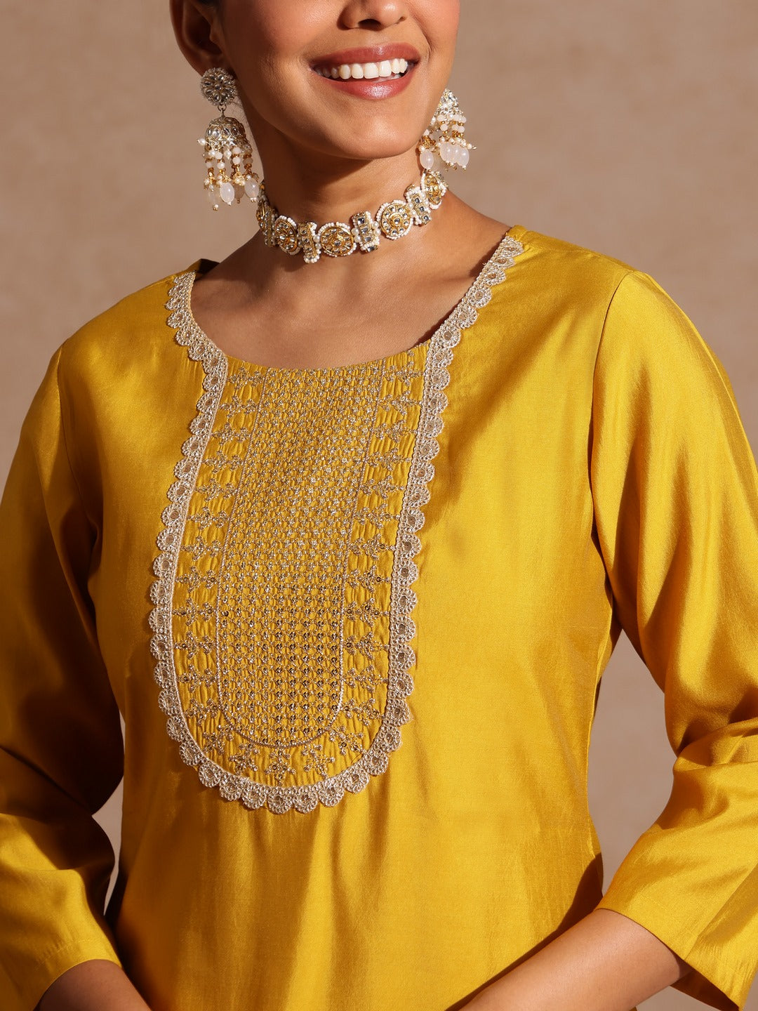 Ninnique Women's Yellow Chanderi Silk Yoke Embroidered Straight Kurta Set