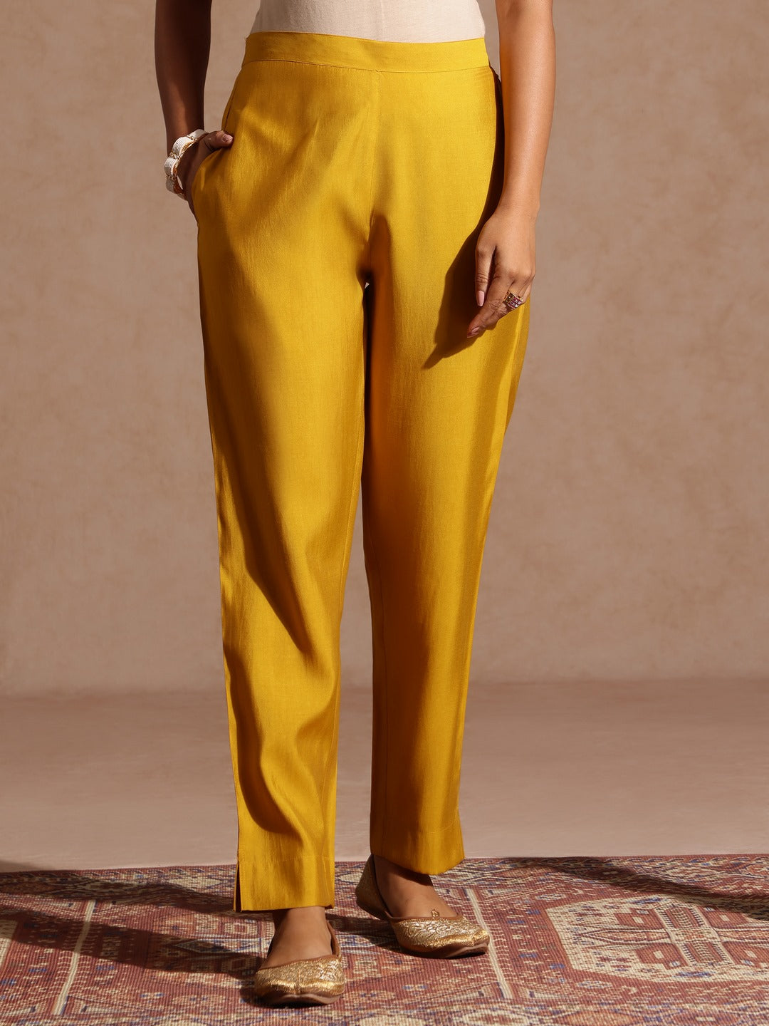 Ninnique Women's Yellow Chanderi Silk Yoke Embroidered Straight Kurta Set