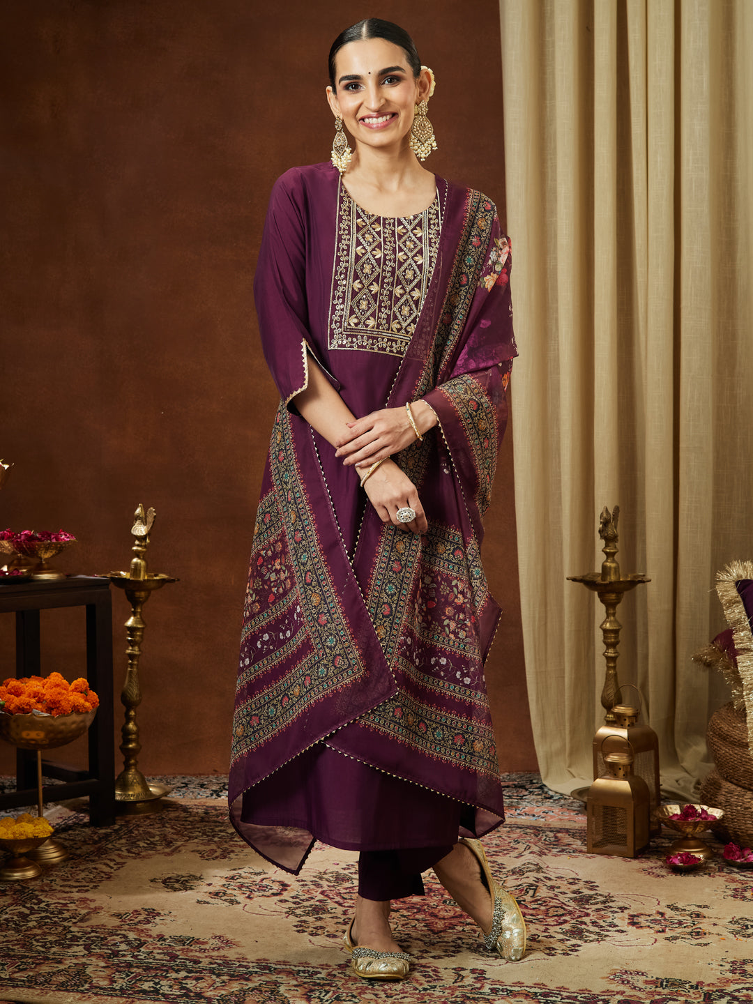 Ninnique Women's Wine Chanderi Silk Yoke Embroidered Straight Kurta Set