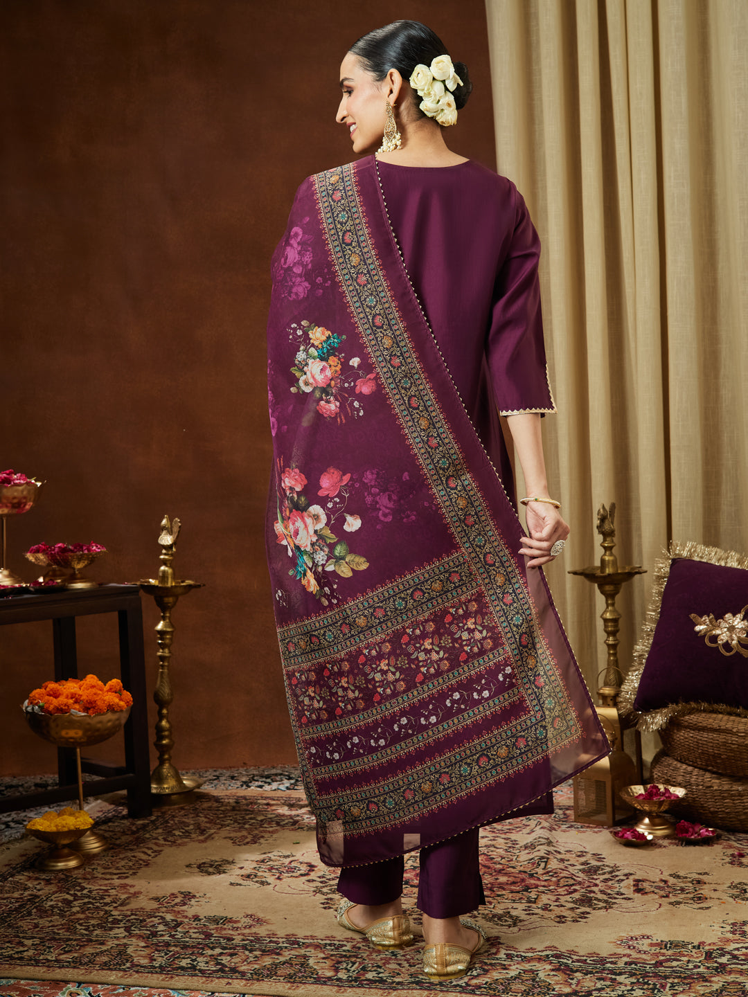 Ninnique Women's Wine Chanderi Silk Yoke Embroidered Straight Kurta Set