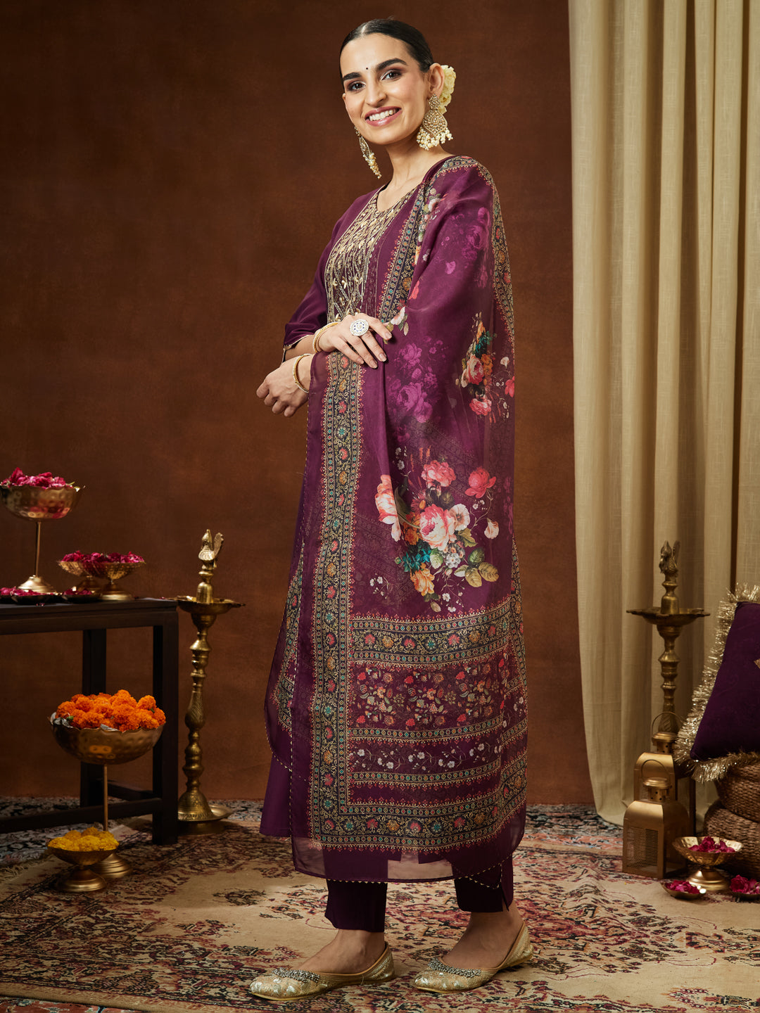 Ninnique Women's Wine Chanderi Silk Yoke Embroidered Straight Kurta Set